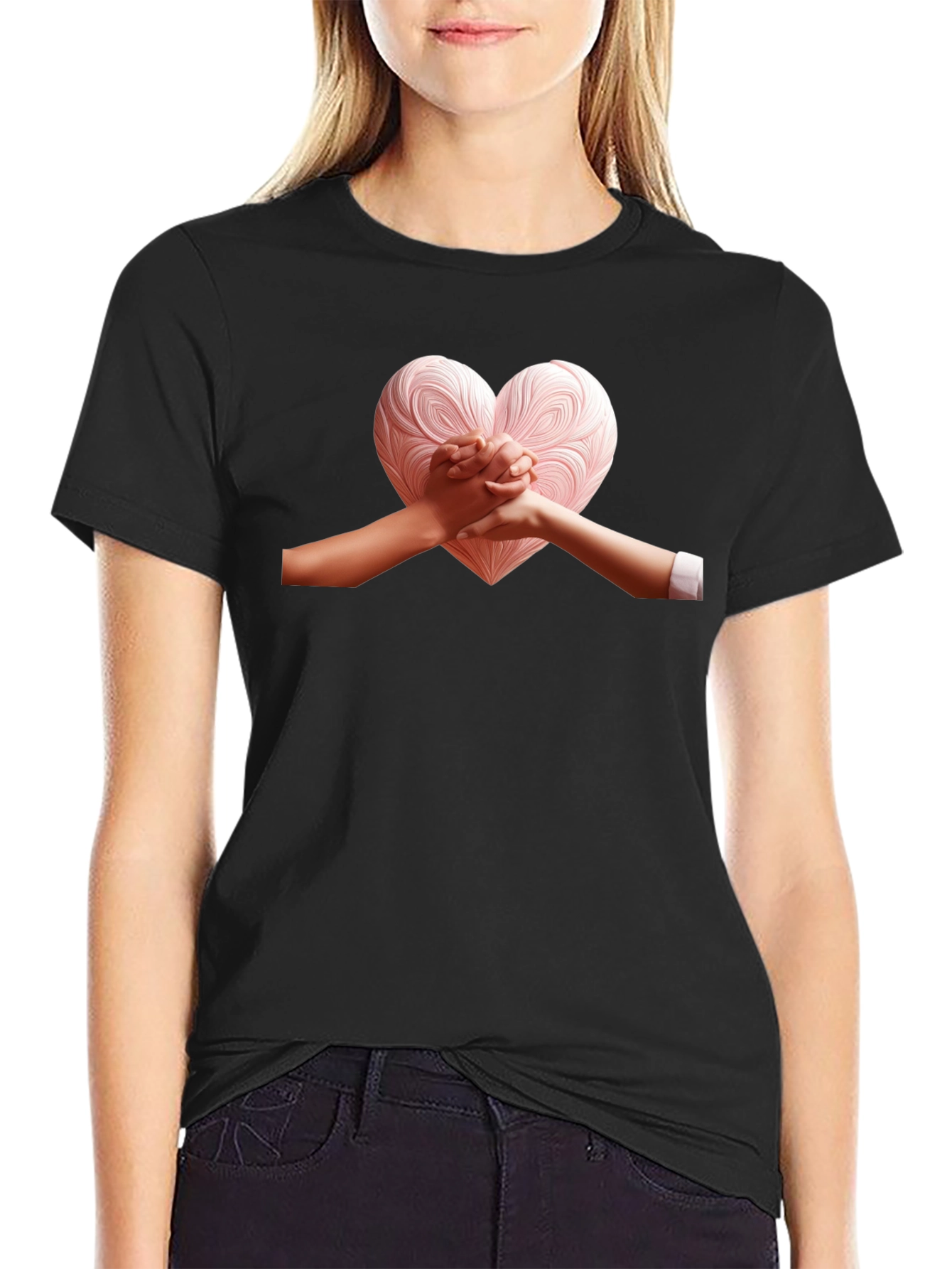 Black Heart Hands Graphic Tee - Stylish Black T-Shirt view 2