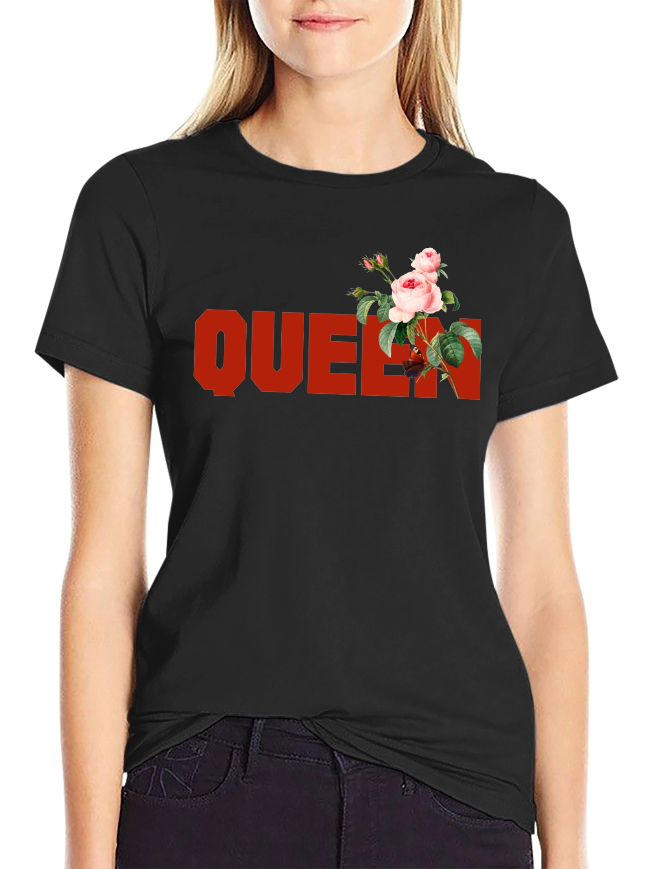 Black Queen Rose Graphic Tee - Black Cotton T-Shirt view 2