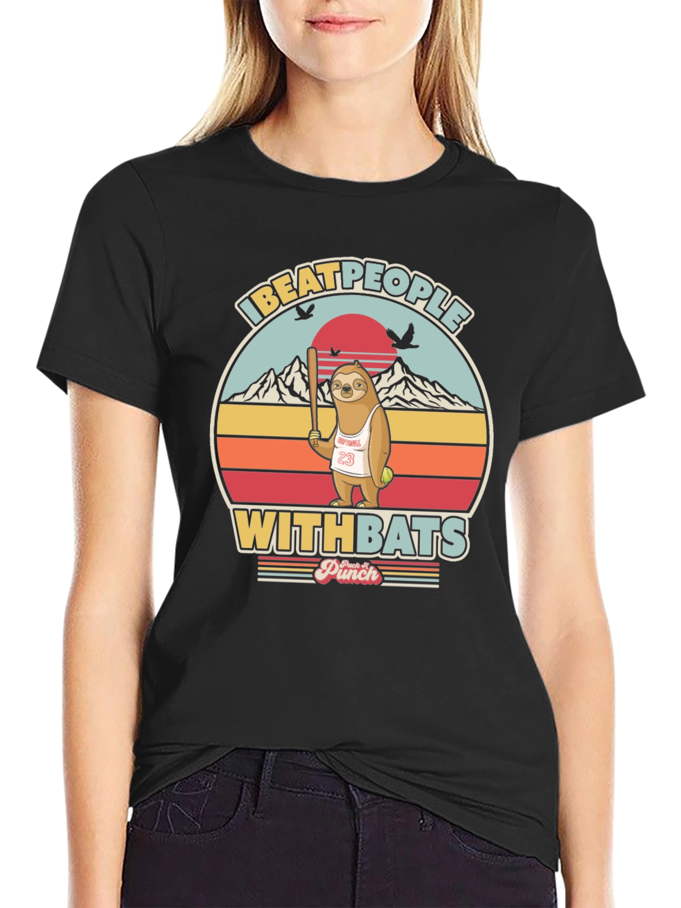 Black Funny Sloth Baseball T-Shirt: I Beat People With Bats view 2