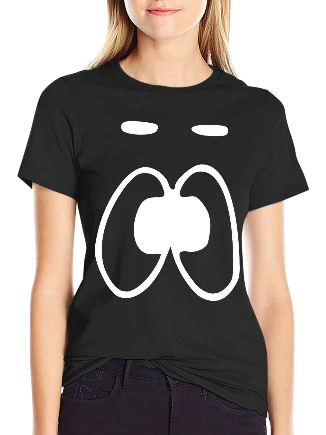 Black Funny Face Black T-Shirt, White Cartoon Graphic view 2