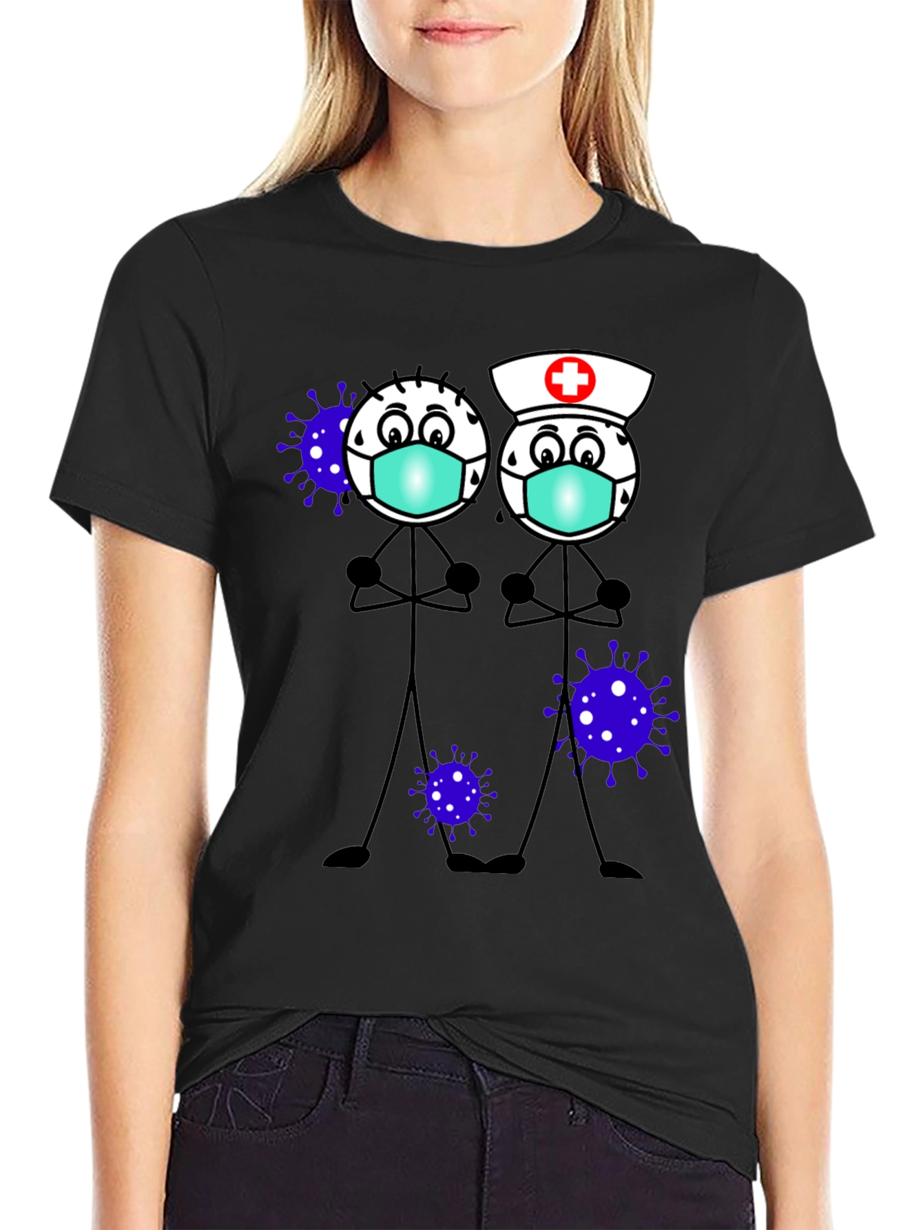 Black Cartoon Stick Figures with Mask T-Shirt view 2