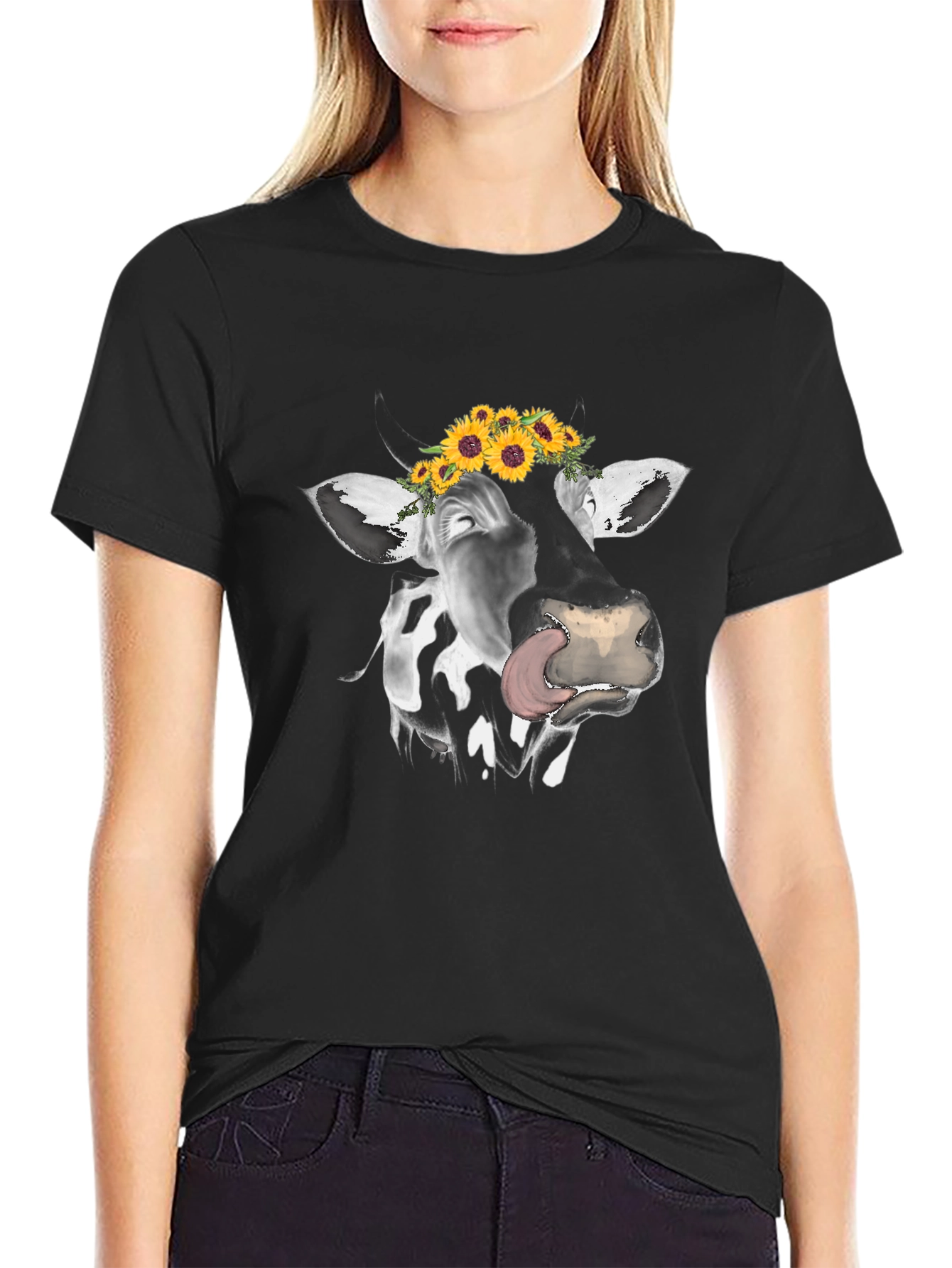 Black Cow with Sunflower Crown Graphic Tee view 2