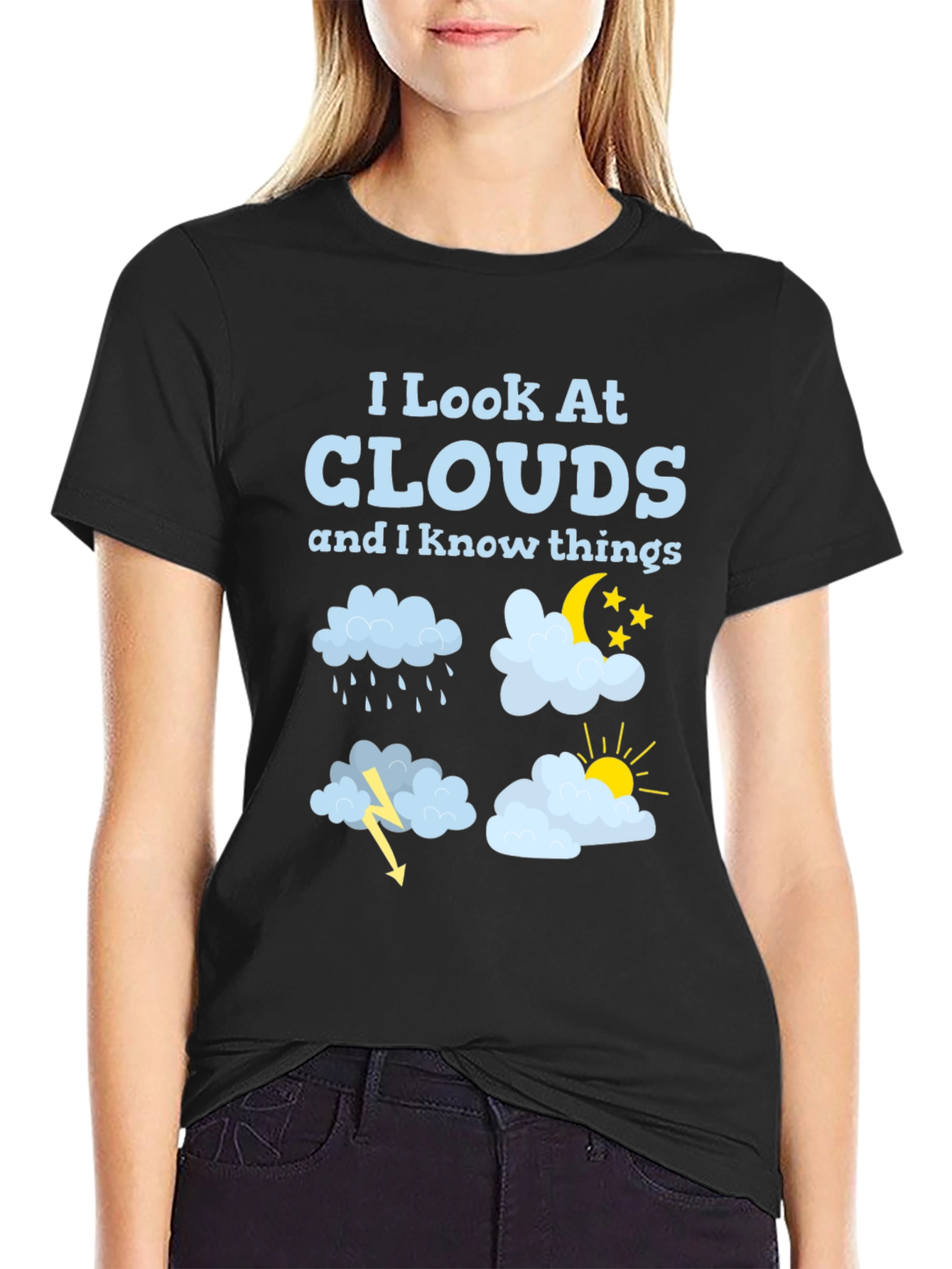 Black I Look At Clouds T-Shirt Funny Weather Tee view 2
