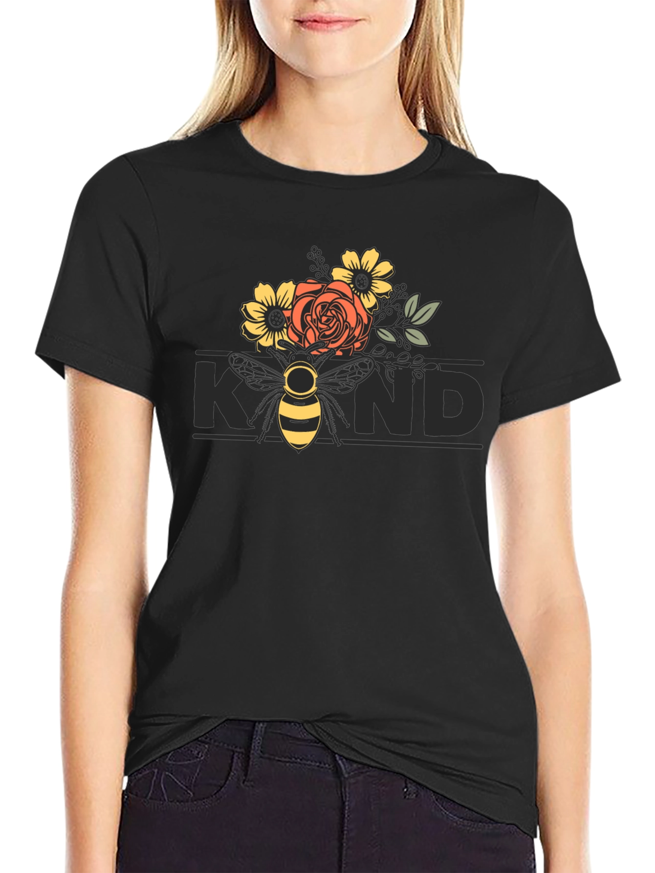 Black Floral Bee Kind T-Shirt - Black view 2
