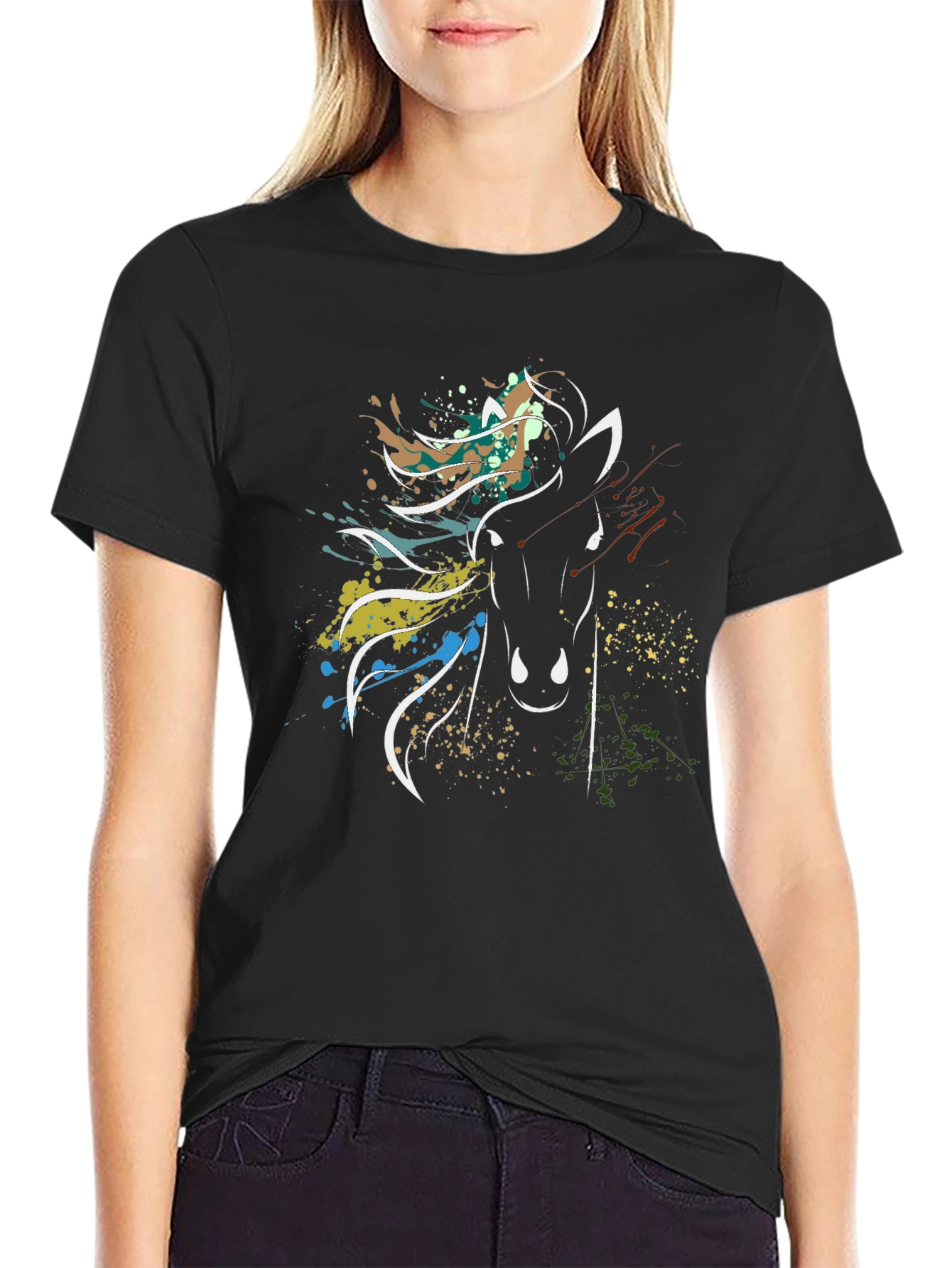 Black Abstract Horse Graphic Tee - Stylish Men's Black T-Shirt view 2
