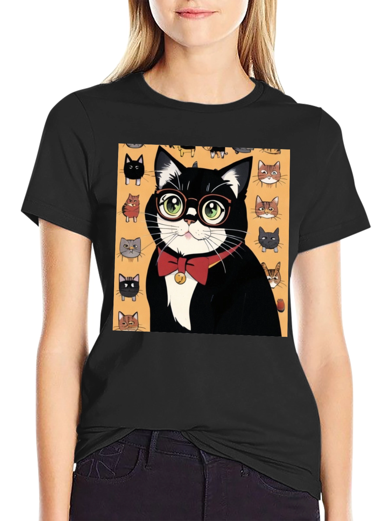 Black Cool Cat T-Shirt - Black Tee with Whimsical Cat Print view 2