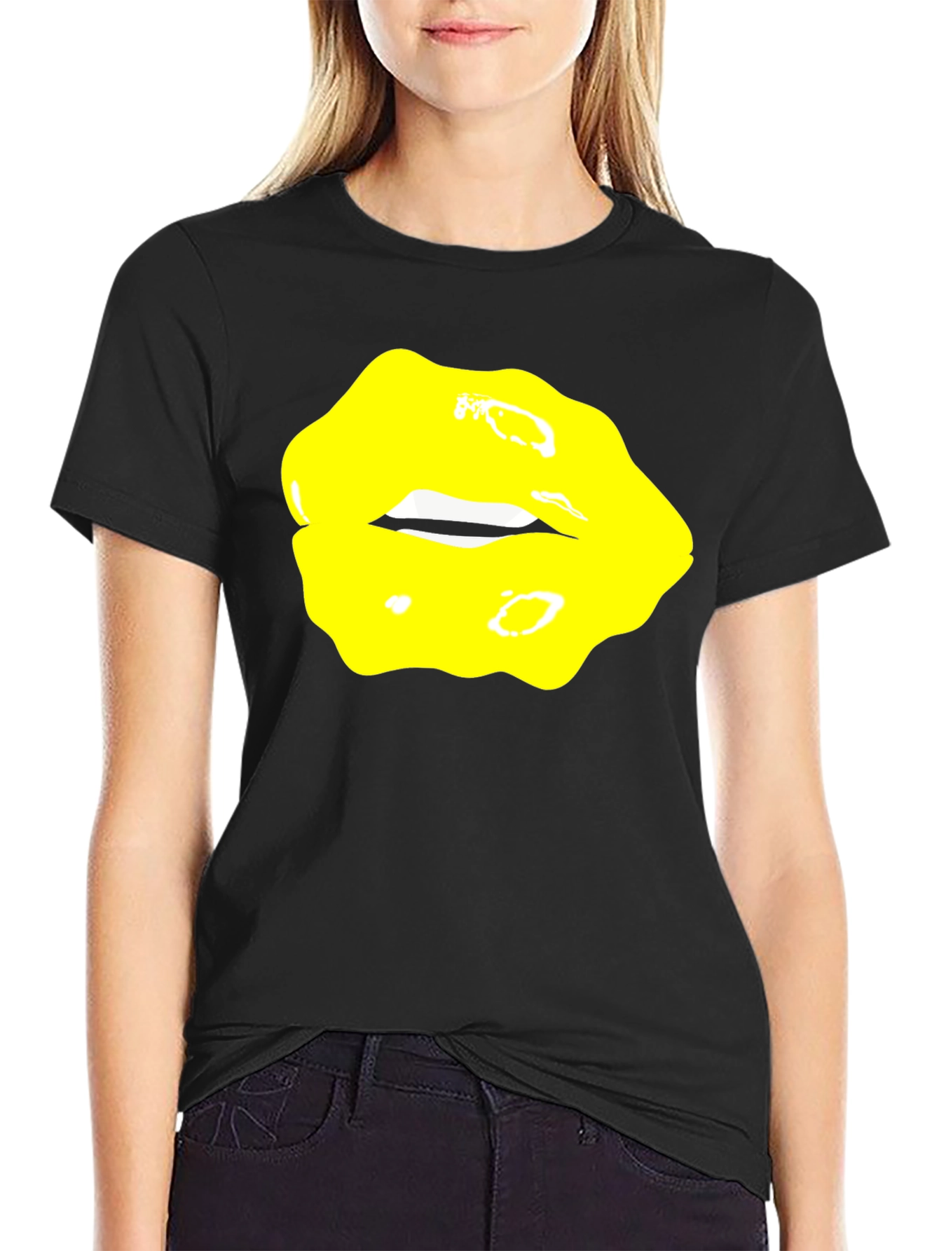 Black Yellow Lips Graphic Black Tee view 2