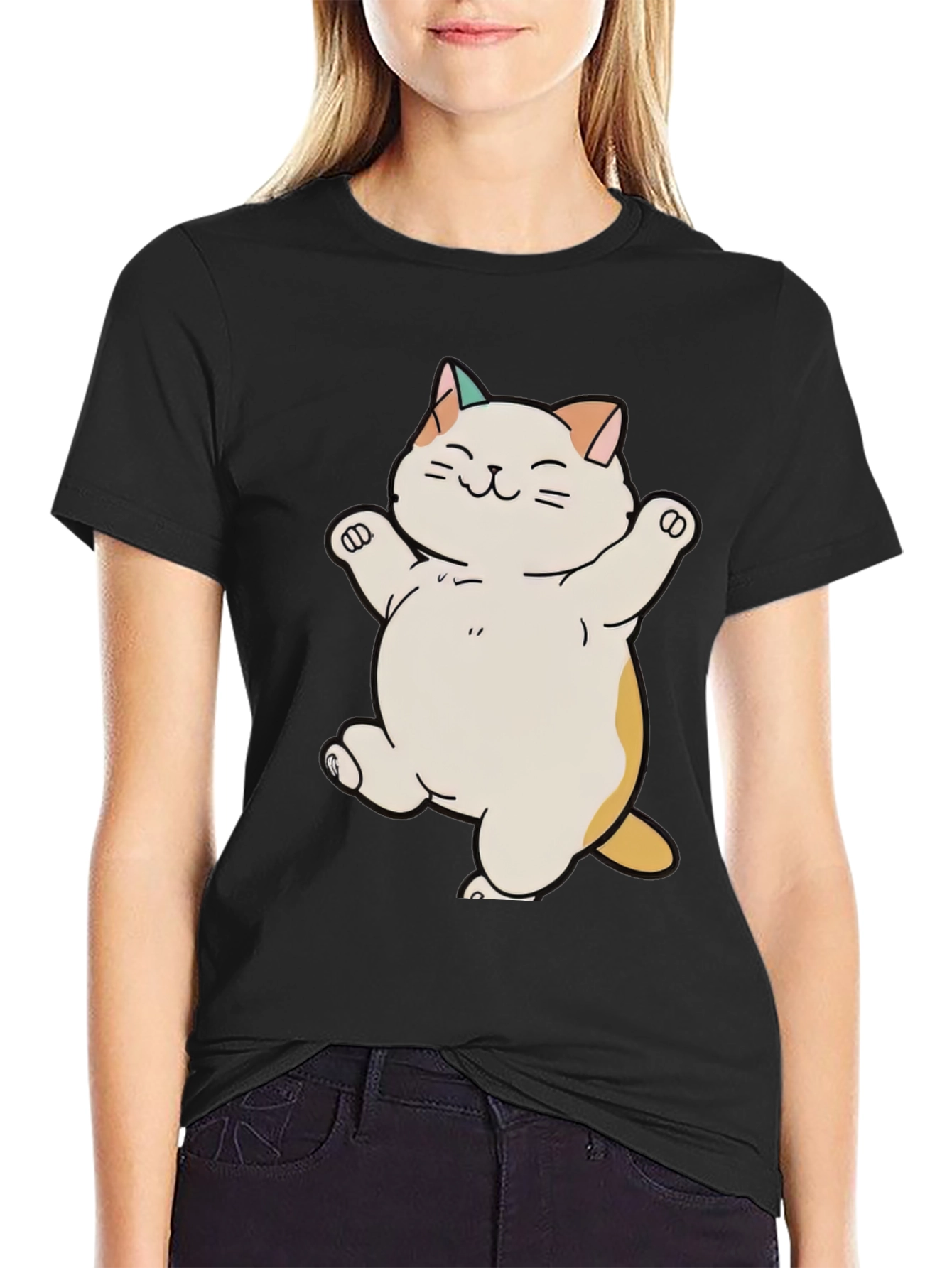 Black Cute Cat T-Shirt - Happy Cartoon Kitty Design view 2