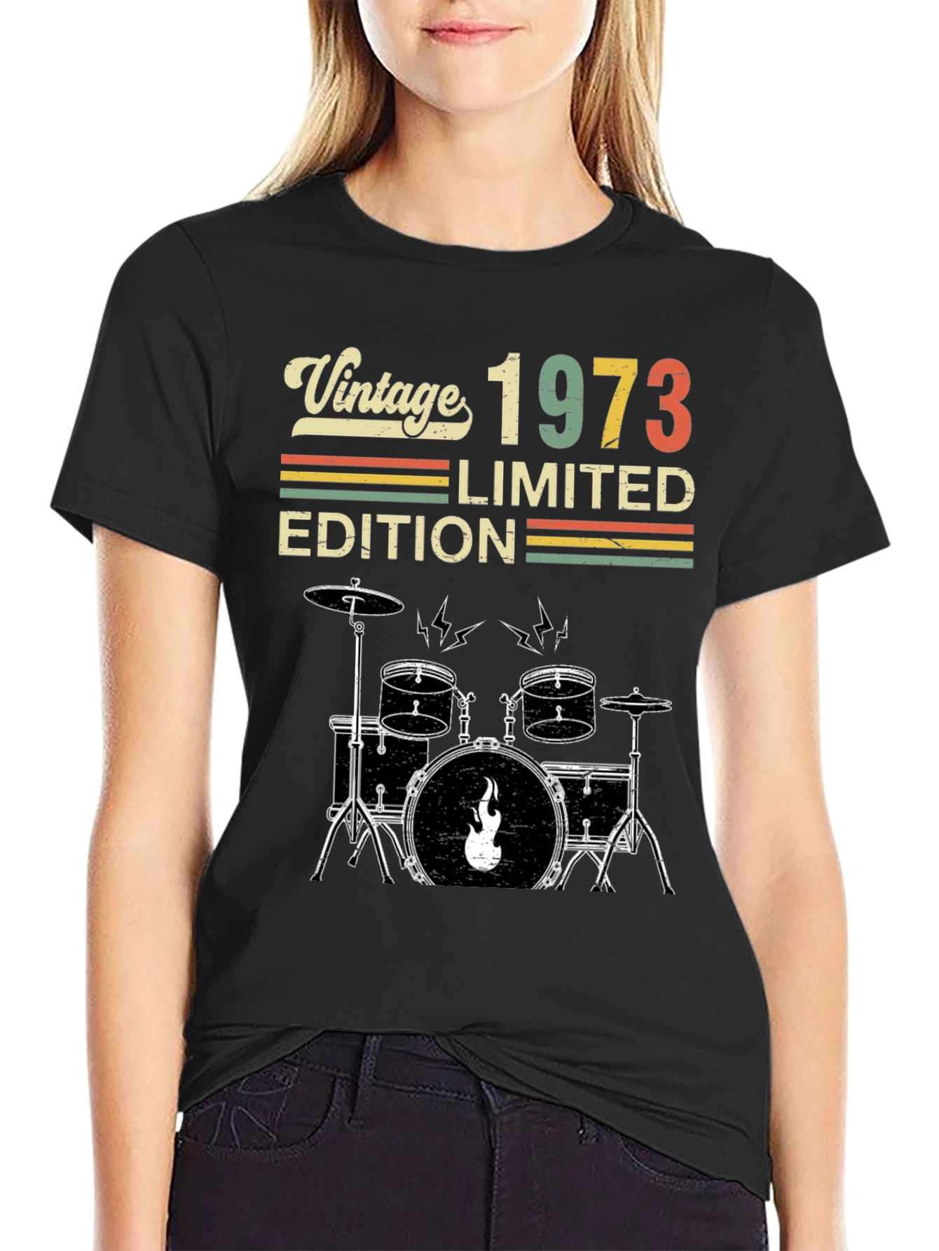Black Vintage 1973 Limited Edition Drum Set Graphic Tee view 2