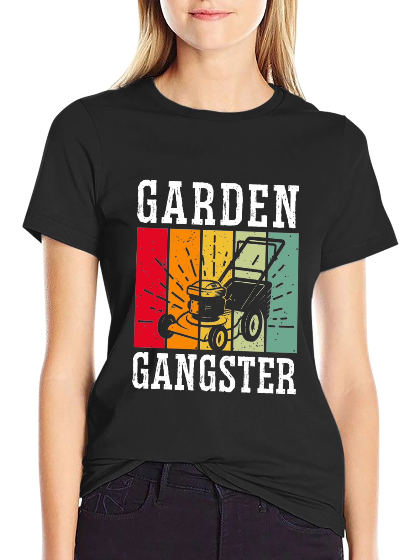 Black Garden Gangster Graphic T-Shirt - Retro Lawn Mower Design view 2