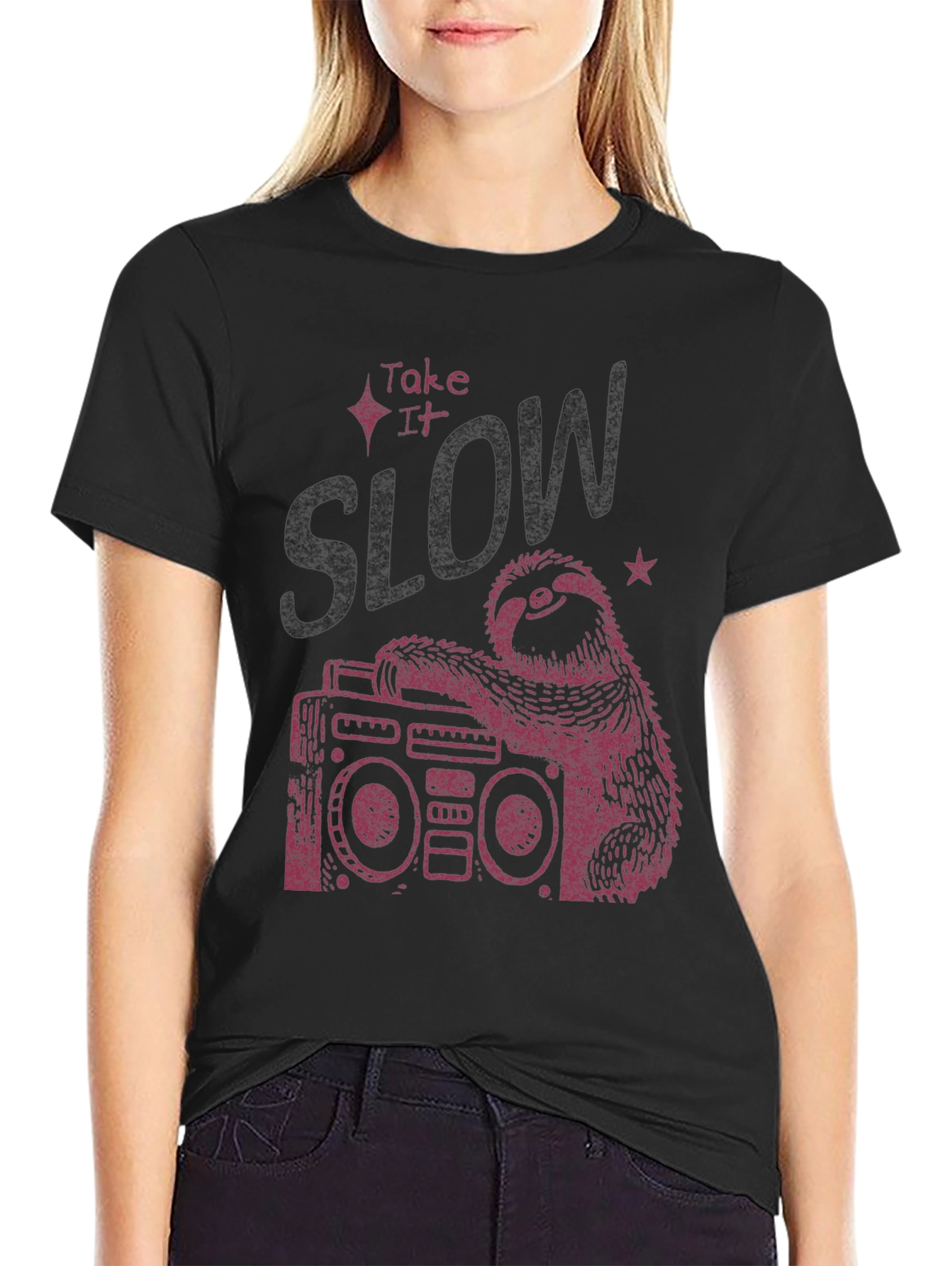 Black Take It Slow Sloth Boombox Graphic Tee view 2