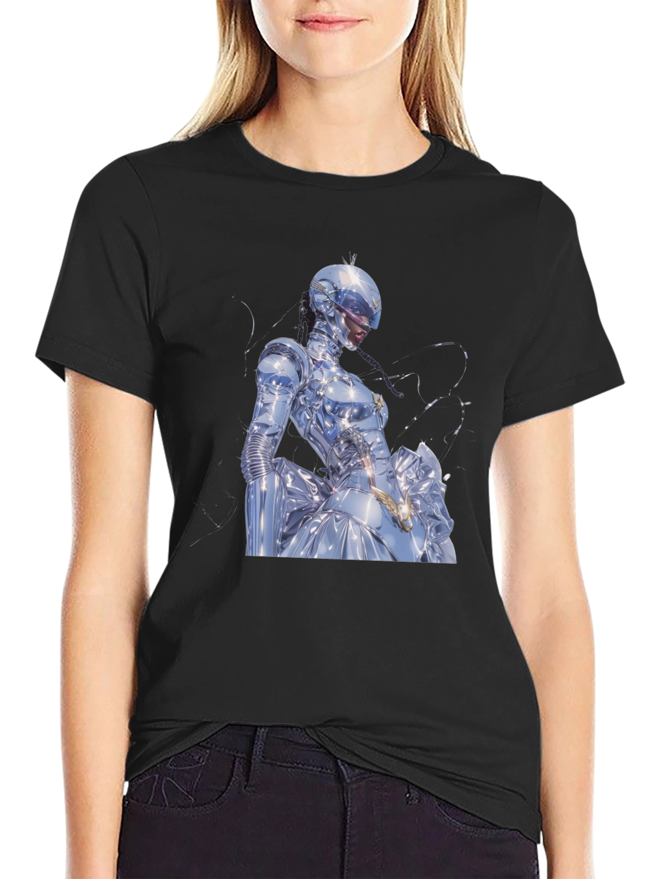 Black Futuristic Robot Woman T-Shirt view 2