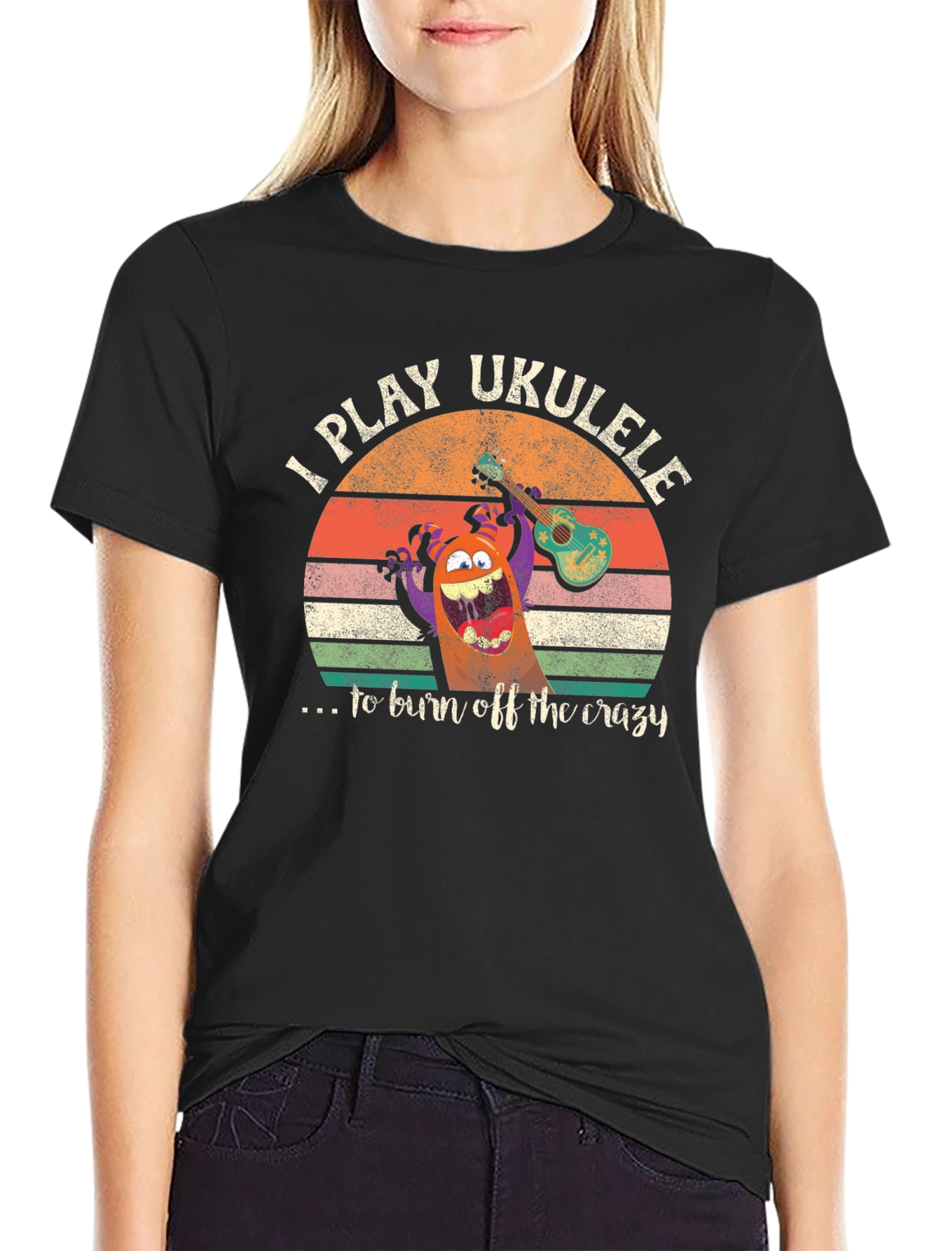 Black I Play Ukulele to Burn Off Crazy Graphic Tee view 2