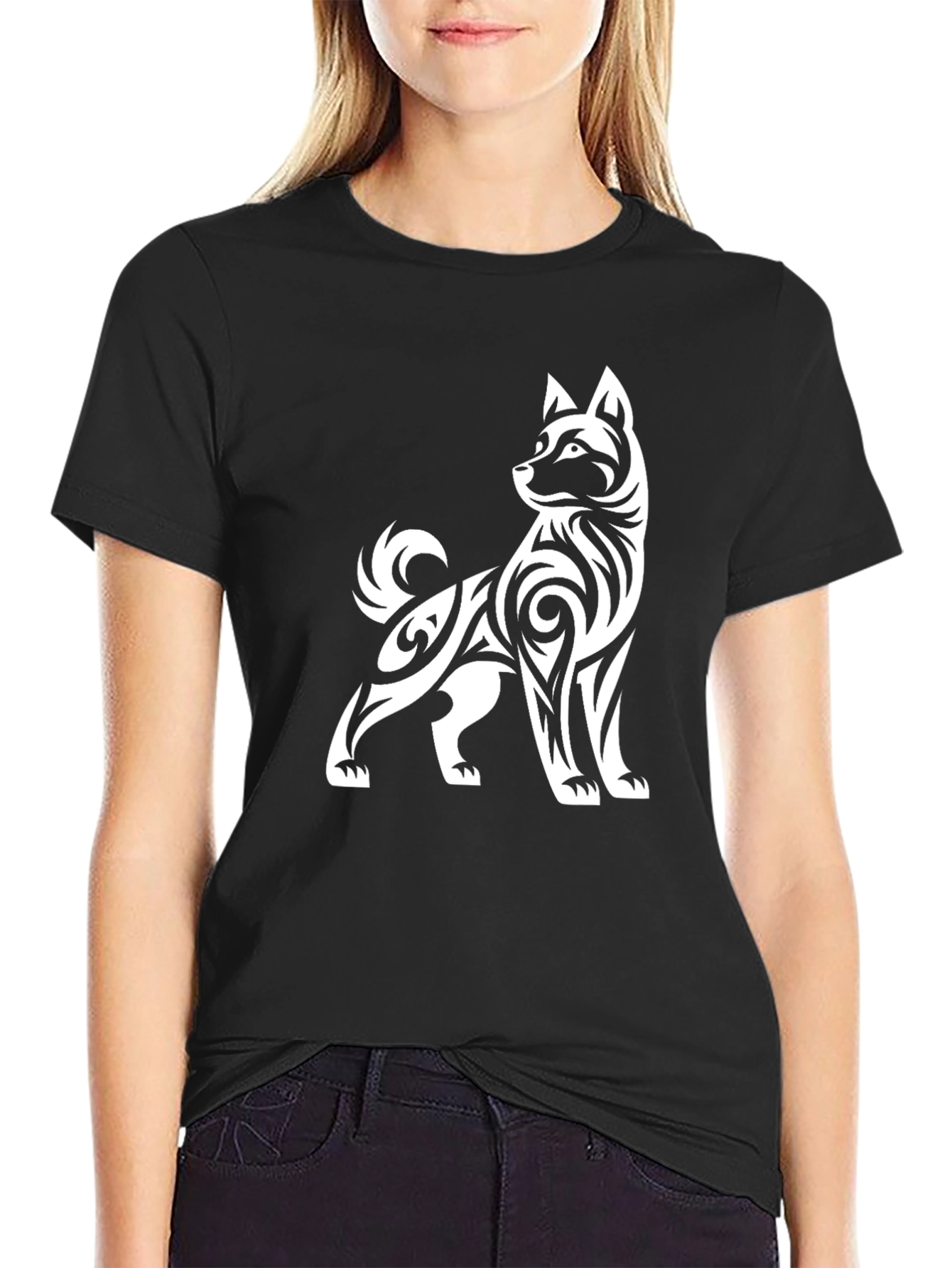Black Tribal Dog Graphic Tee - Black Cotton Blend view 2