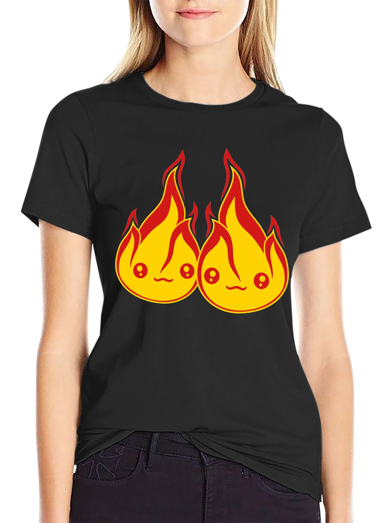 Black Kawaii Fire Flames Graphic T-Shirt - Cute Design view 2
