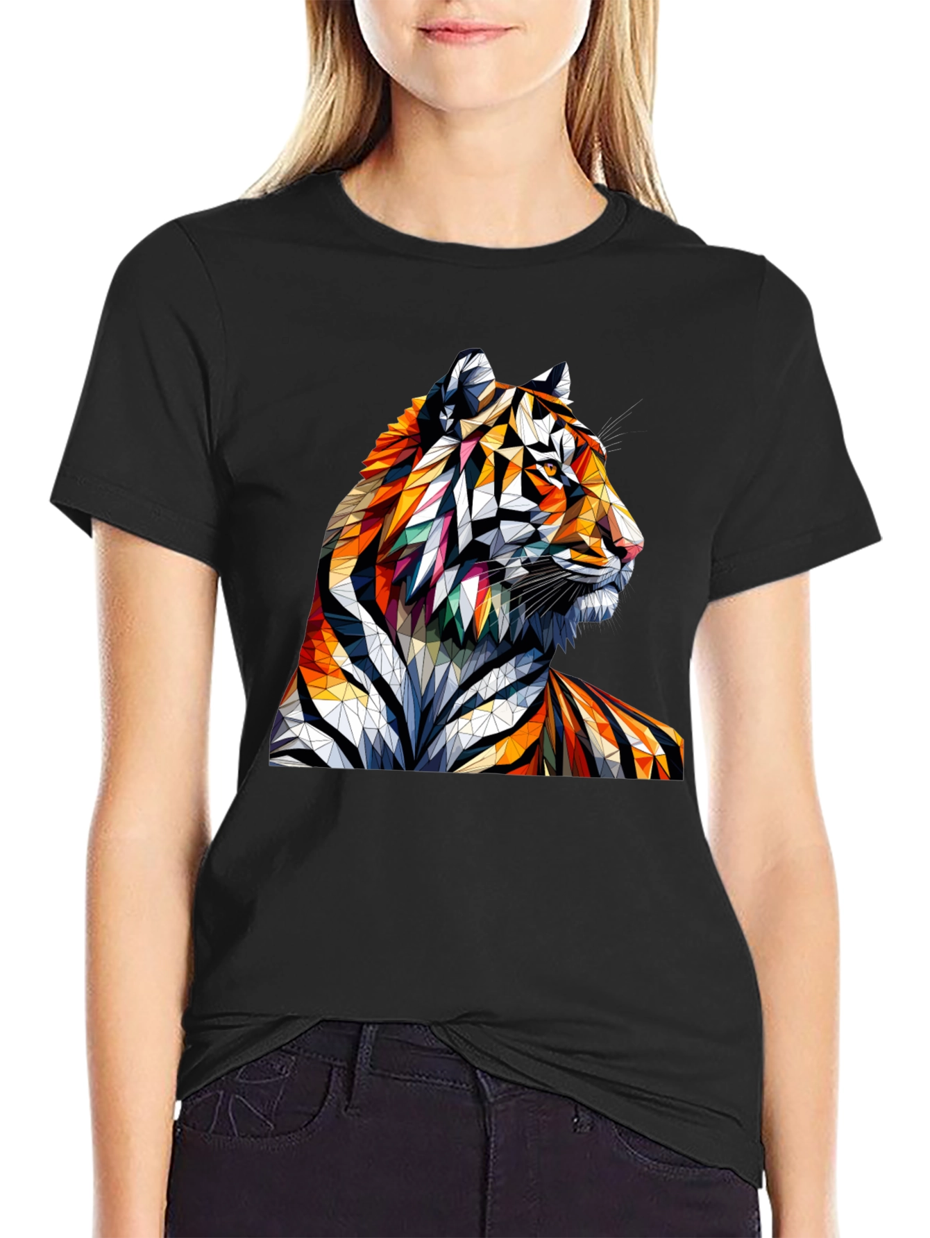 Black Geometric Tiger Graphic Tee - Unique Animal Art Shirt view 2
