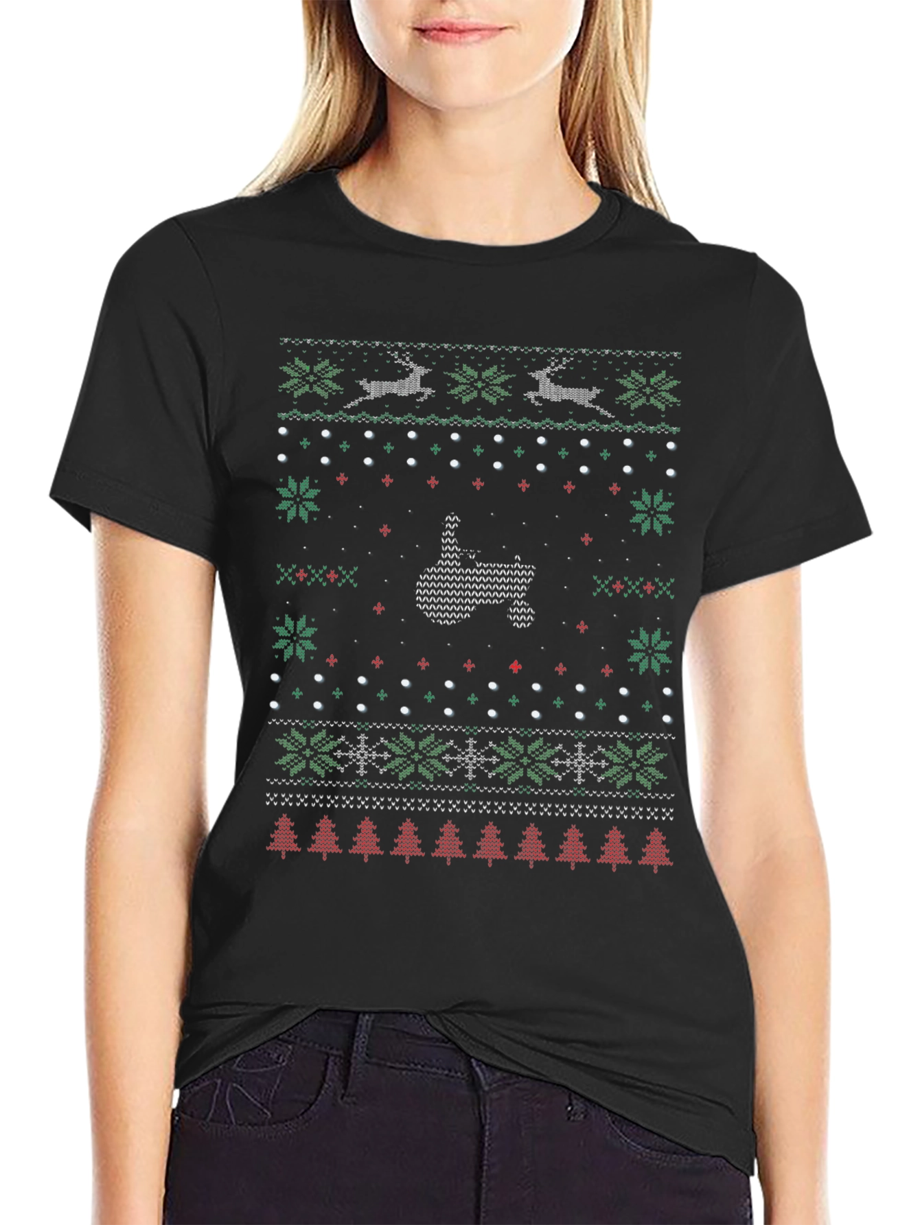 Black Ugly Christmas Sweater Middle Finger T-Shirt view 2