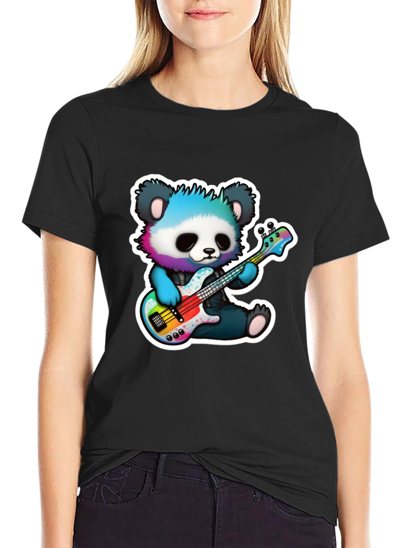 Black Panda Guitarist Graphic Tee - Cool Bear Musician Shirt view 2