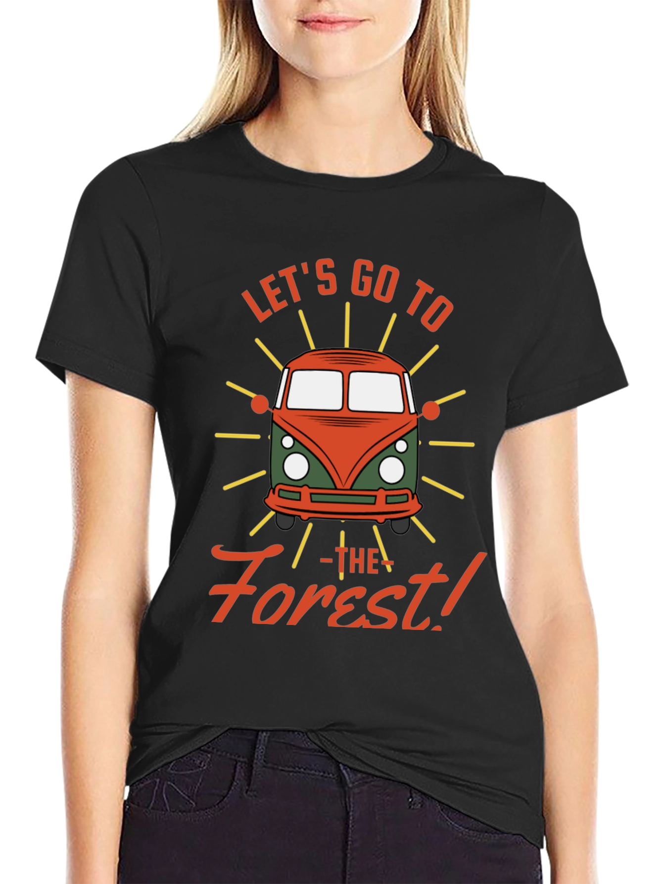 Black Let's Go to the Forest Retro Camper Van Graphic Tee view 2