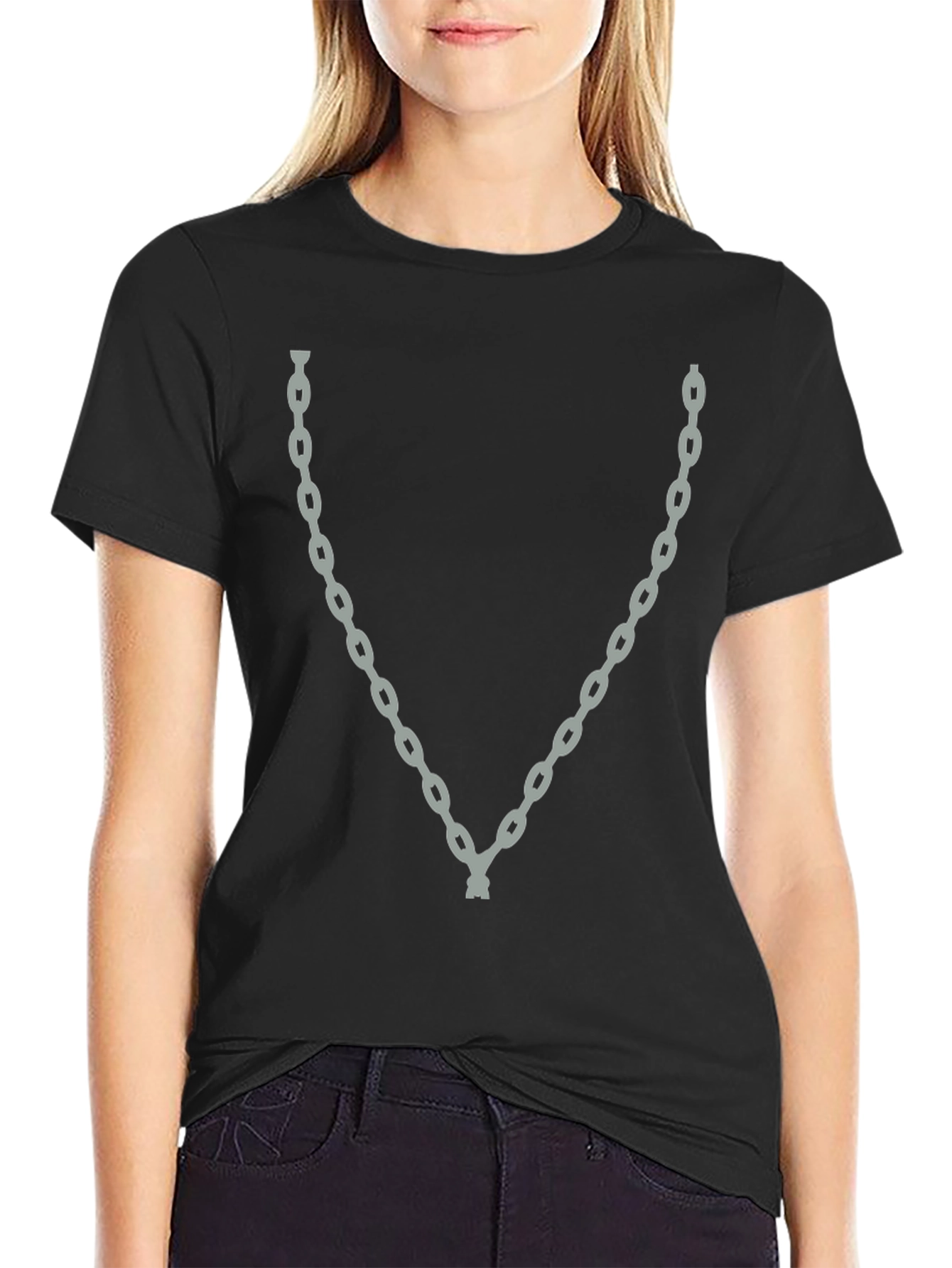 Black Men's Black Graphic T-Shirt with Chain Print view 2