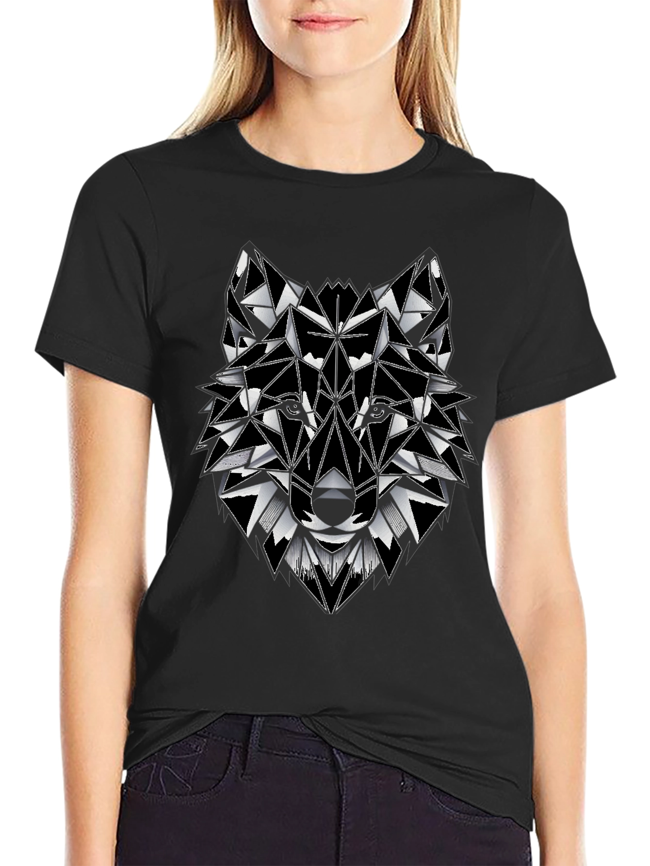 Black Geometric Wolf Graphic Tee - Stylish Men's T-Shirt view 2