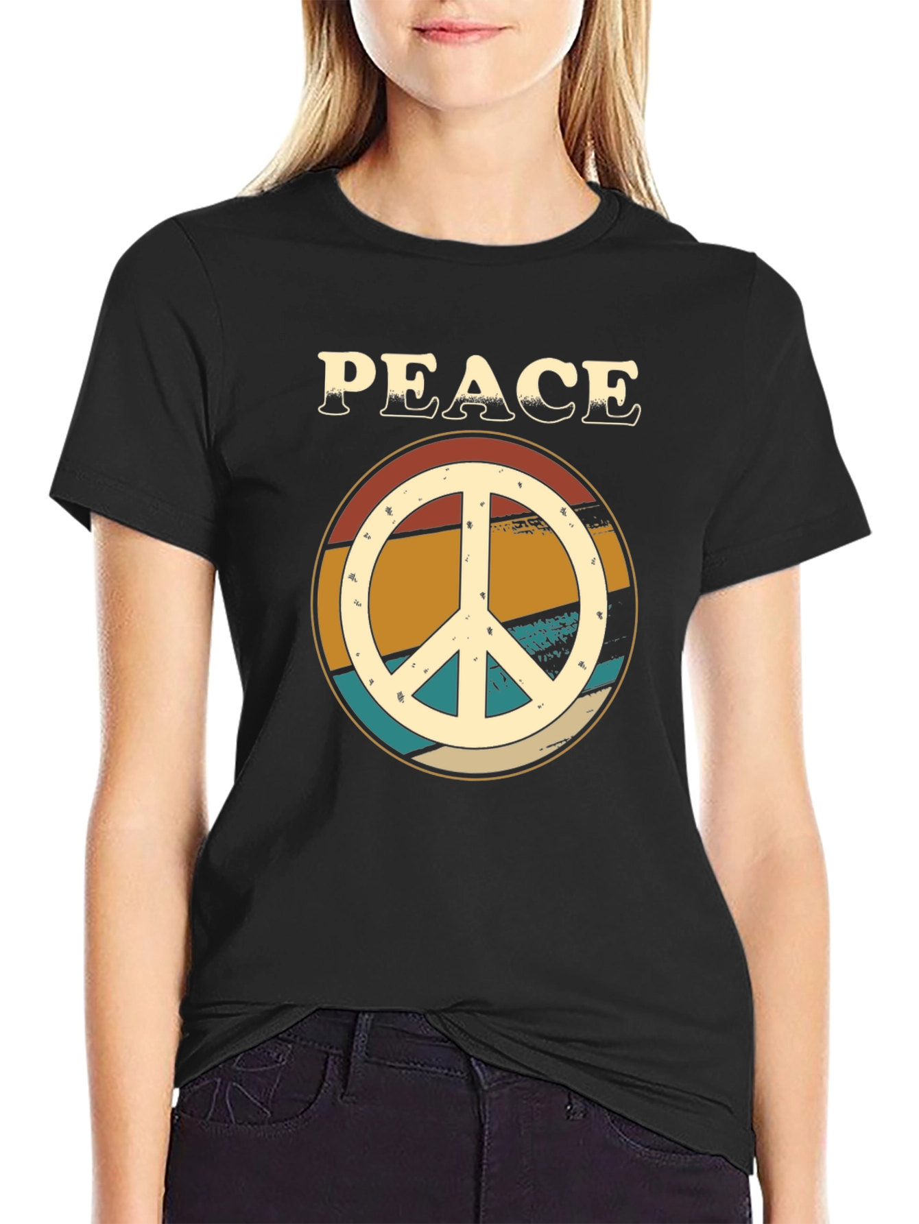 Black Peace Sign Retro Graphic Tee - Black view 2