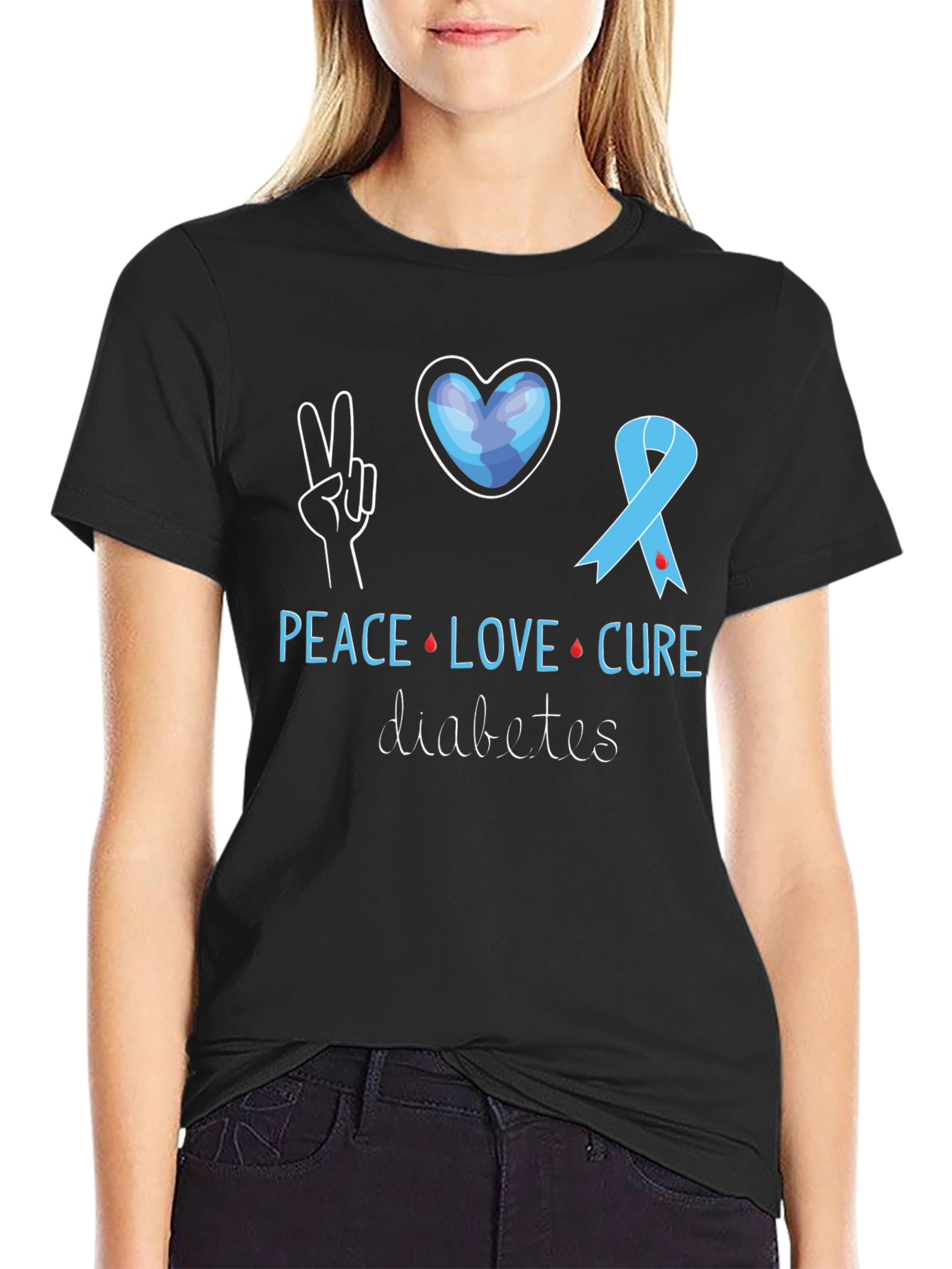 Black Peace Love Cure Diabetes Awareness T-Shirt view 2