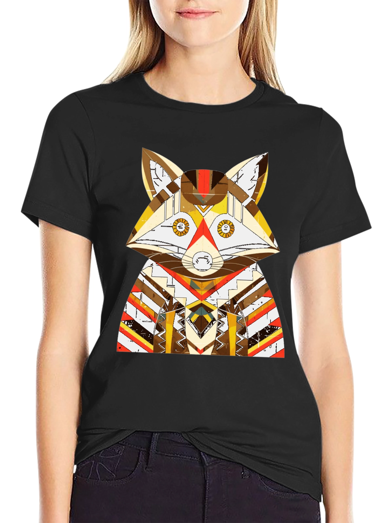 Black Geometric Fox Graphic Black T-Shirt view 2