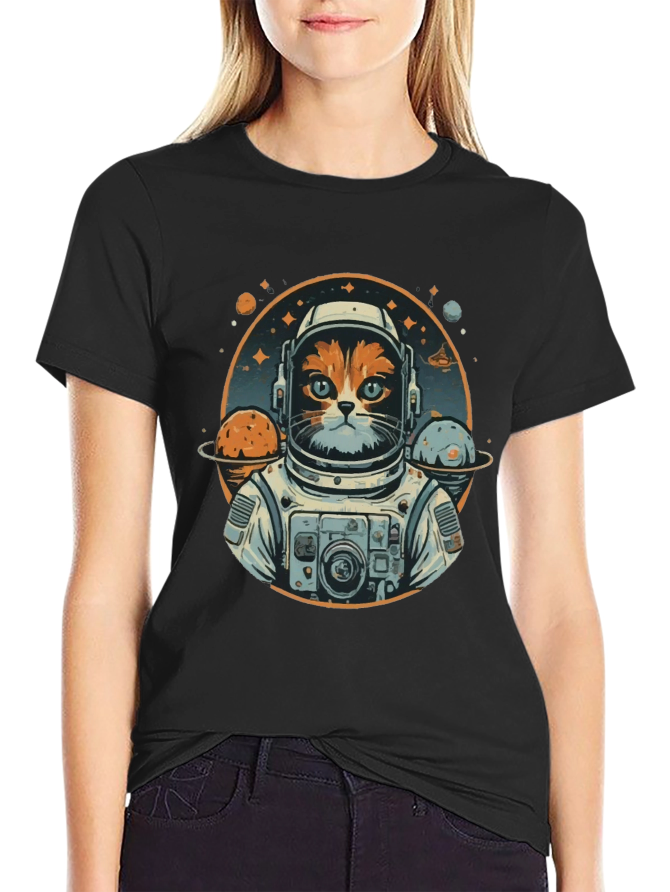 Black Cat Astronaut Graphic T-Shirt - Space Kitty Tee view 2