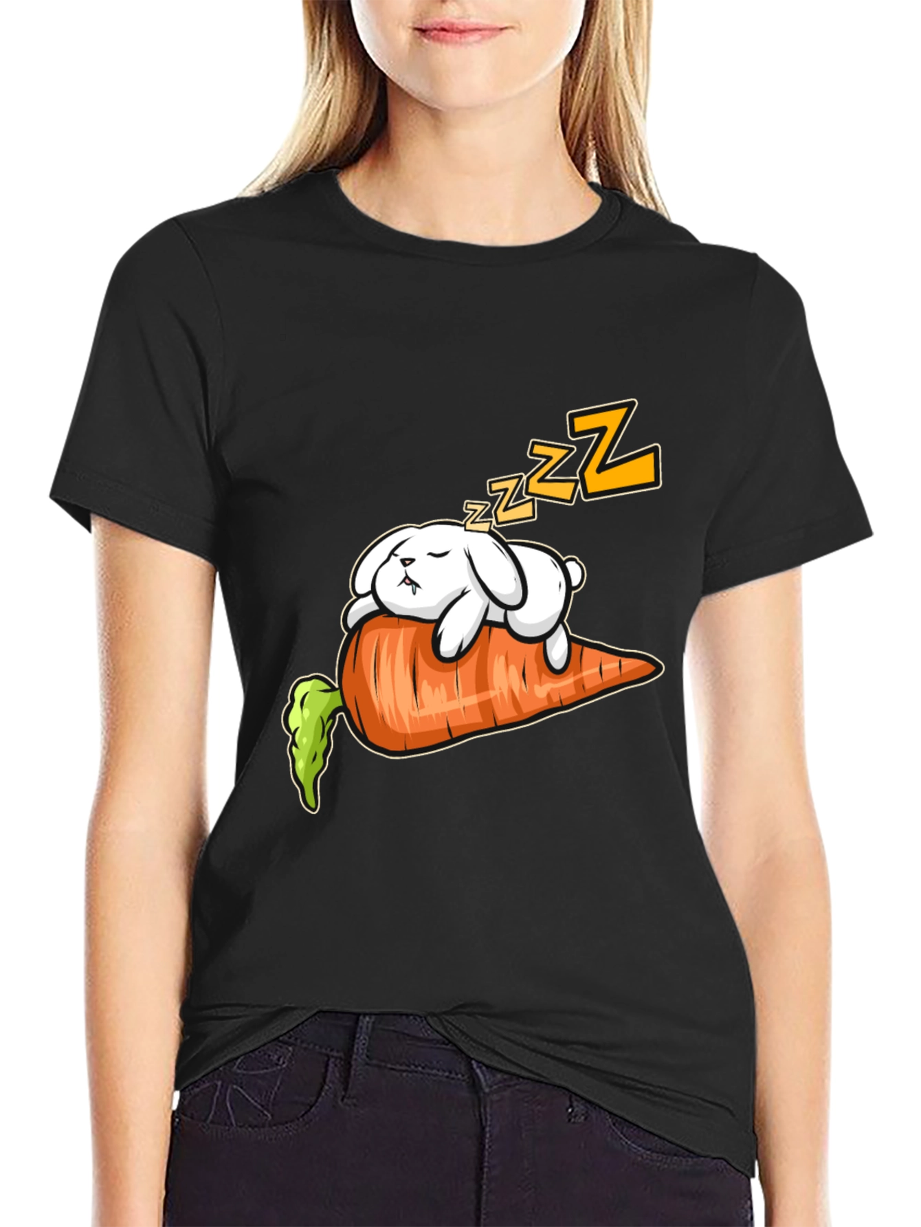 Black Sleeping Bunny on Carrot Graphic Tee view 2
