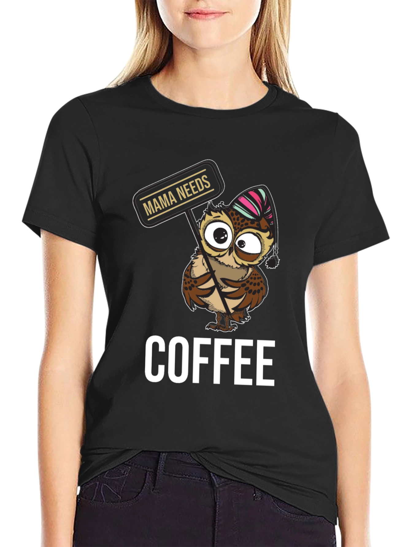 Black Mama Needs Coffee Owl T-Shirt - Cute Graphic Tee view 2