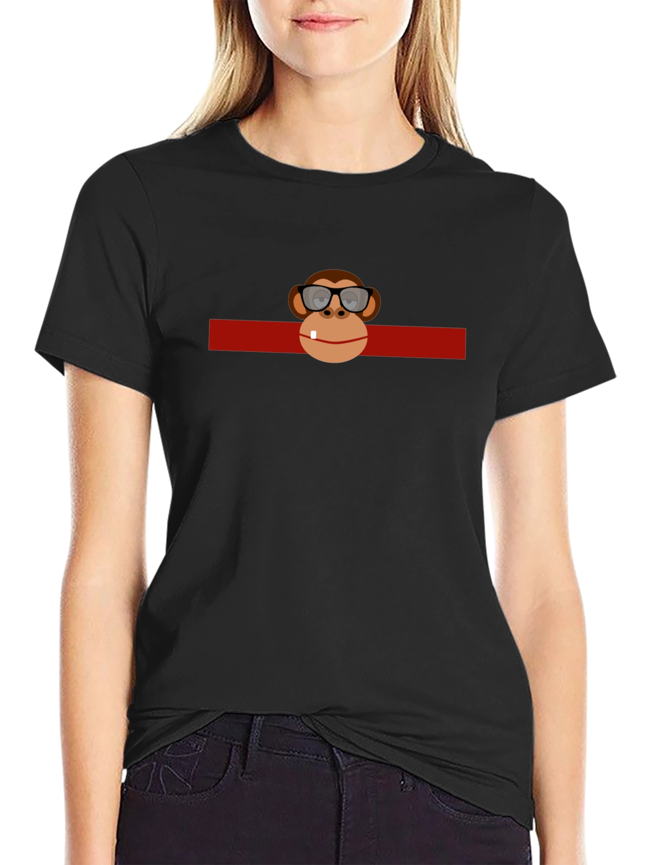 Black Funny Monkey in Glasses Graphic Black T-Shirt view 2