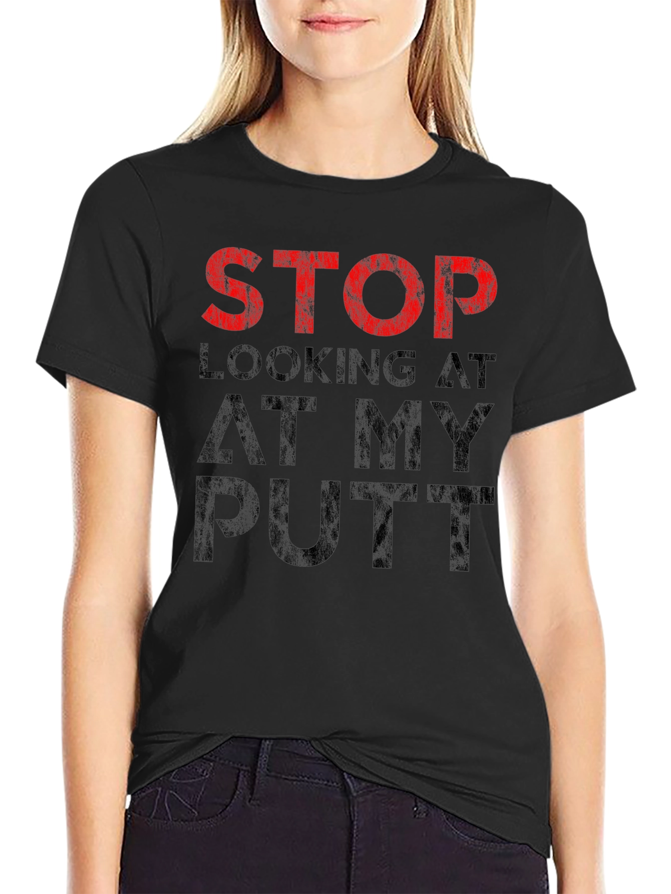 Black Stop Looking At My Putt T-Shirt - Funny Golf Tee view 2