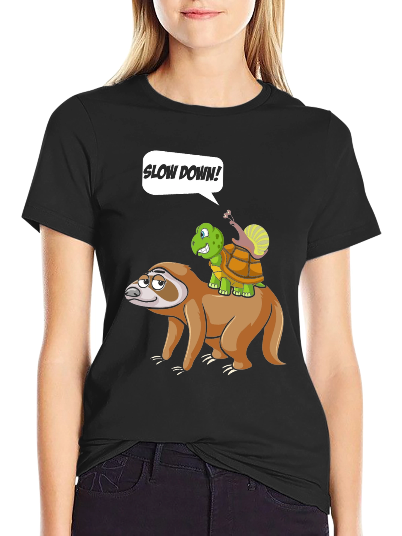 Black Funny Slow Down Sloth, Turtle, and Snail T-Shirt view 2