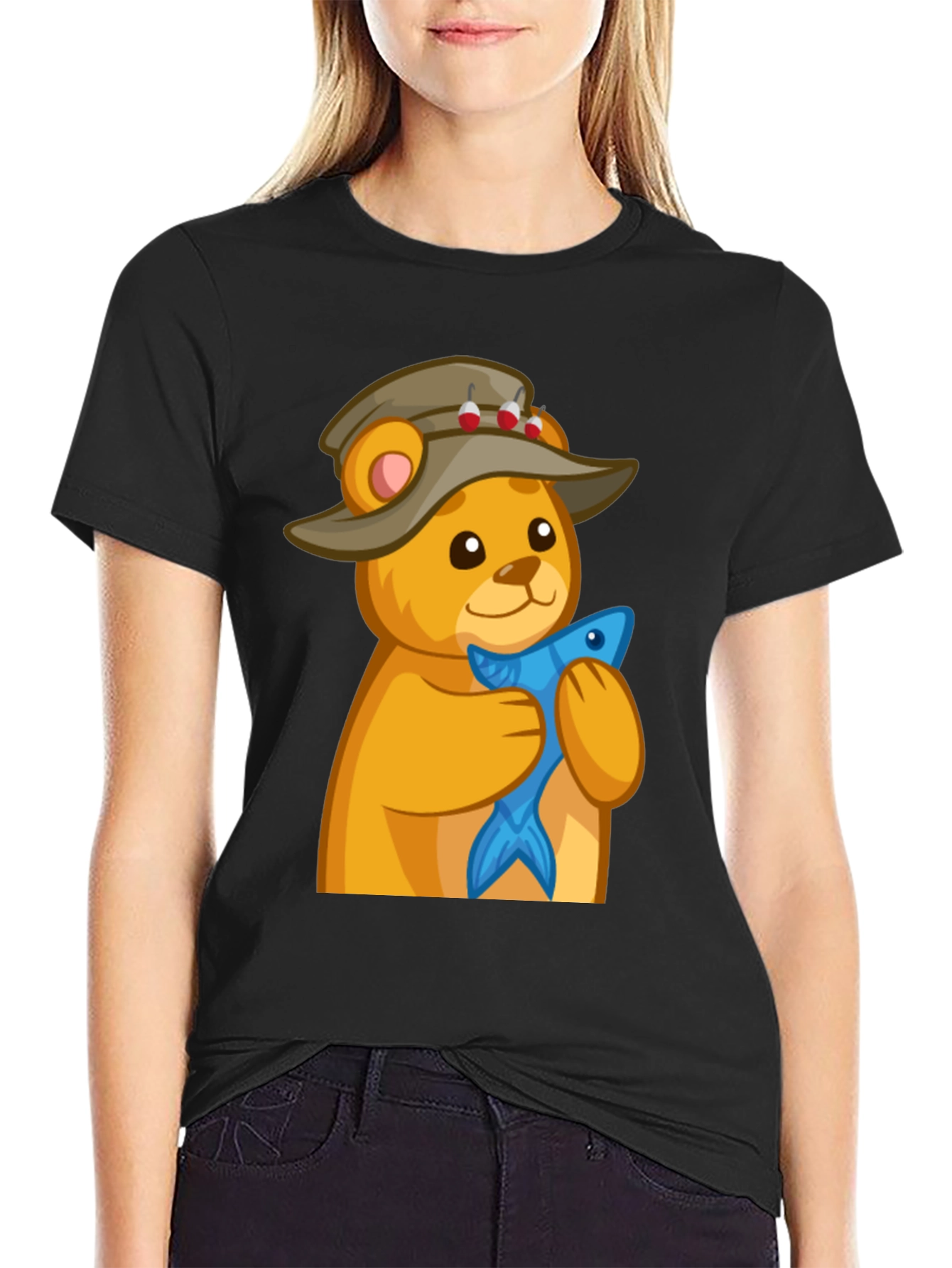 Black Fishing Bear T-Shirt view 2