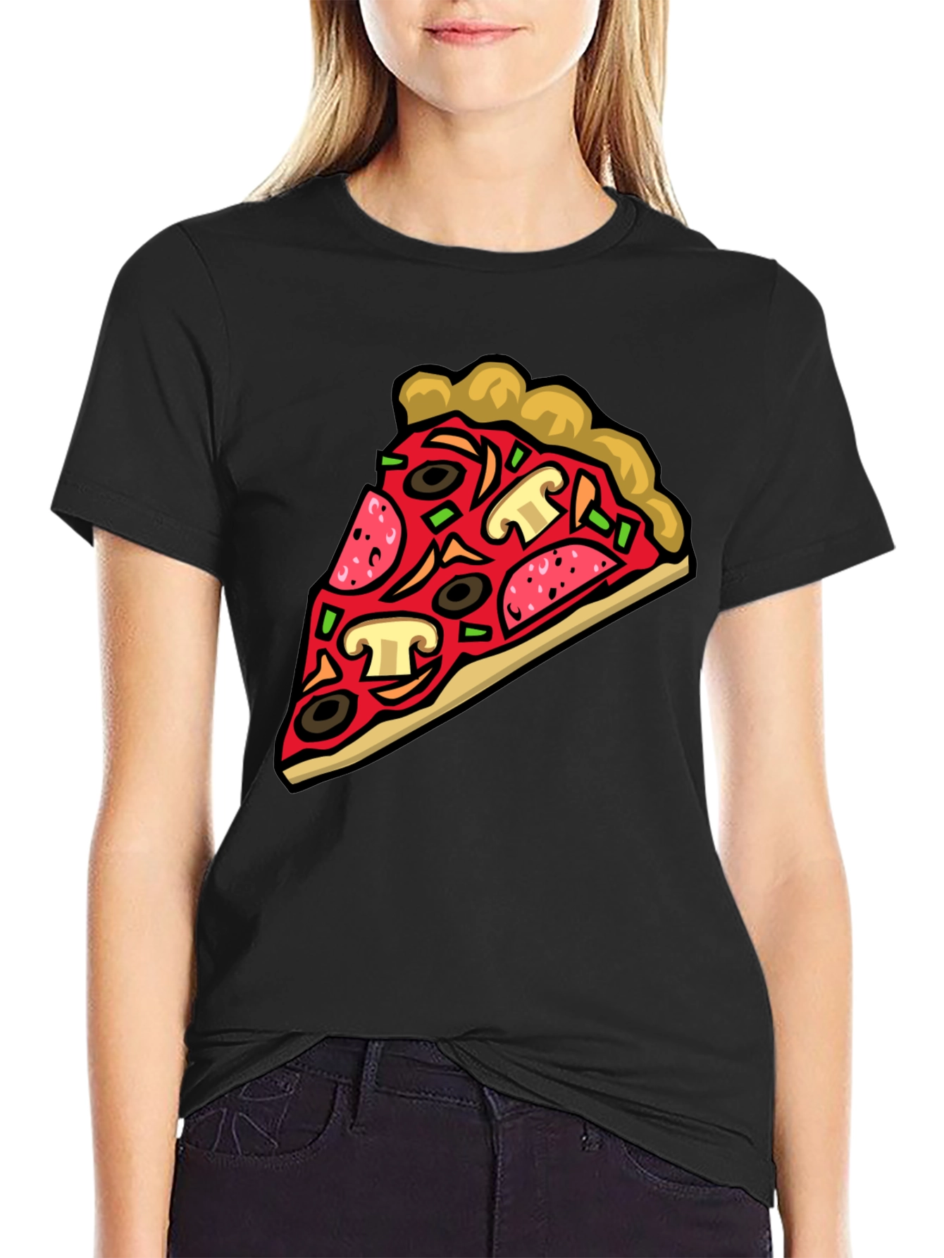 Black Pizza Slice Graphic Tee - Black Crew Neck view 2