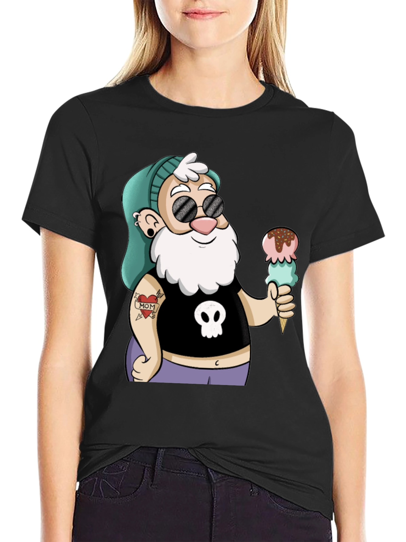 Black Cartoon Hipster Gnome T-Shirt view 2