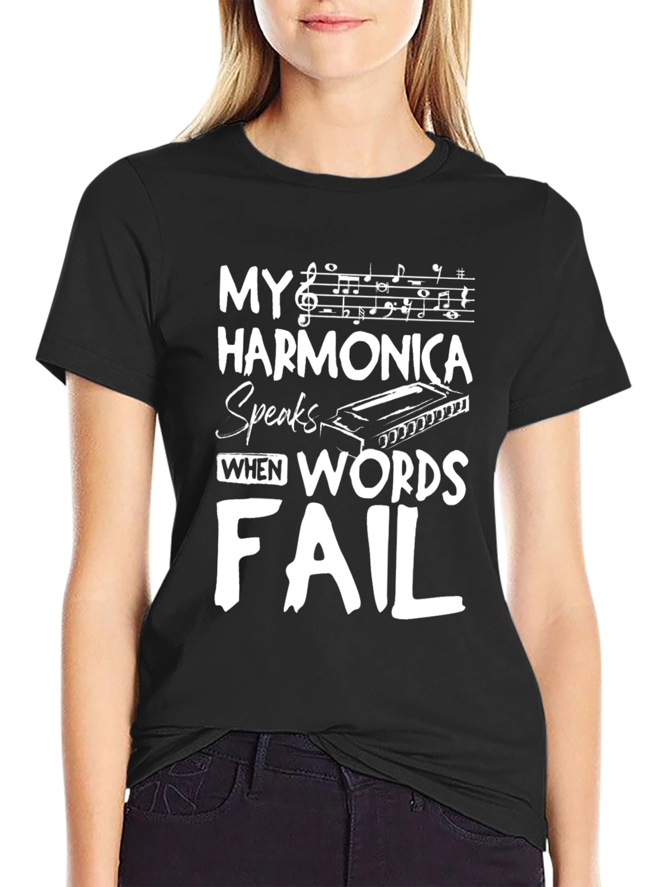 Black Harmonica Speaks T-Shirt - Music Lover Tee view 2