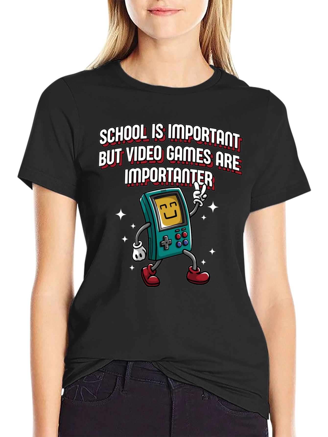 Black Video Game Lover's Tee: School vs Games view 2