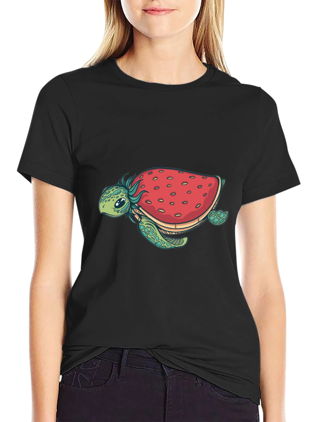 Black Strawberry Turtle Graphic Tee - Black Cotton Blend view 2