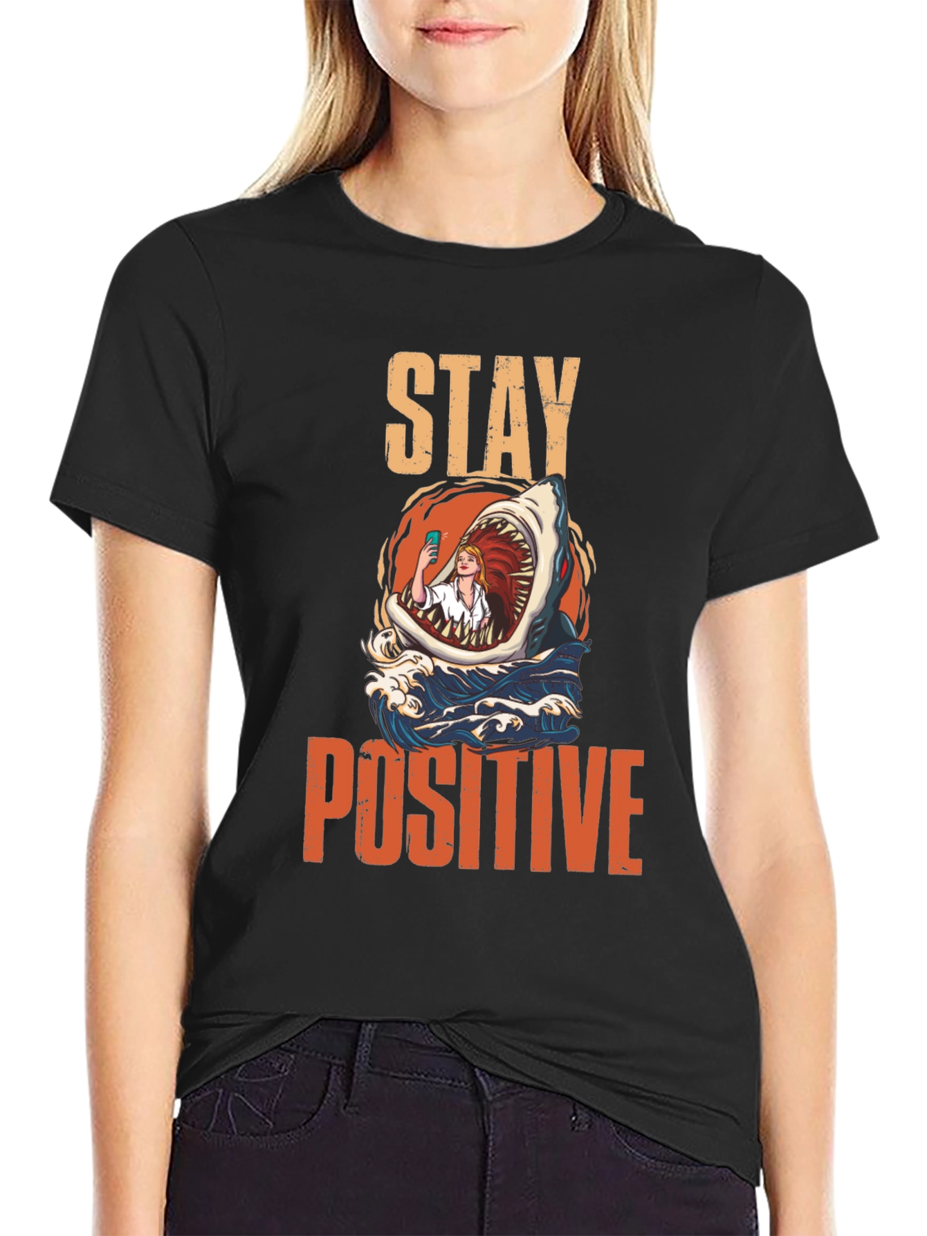Black Stay Positive Shark Selfie Graphic Tee view 2