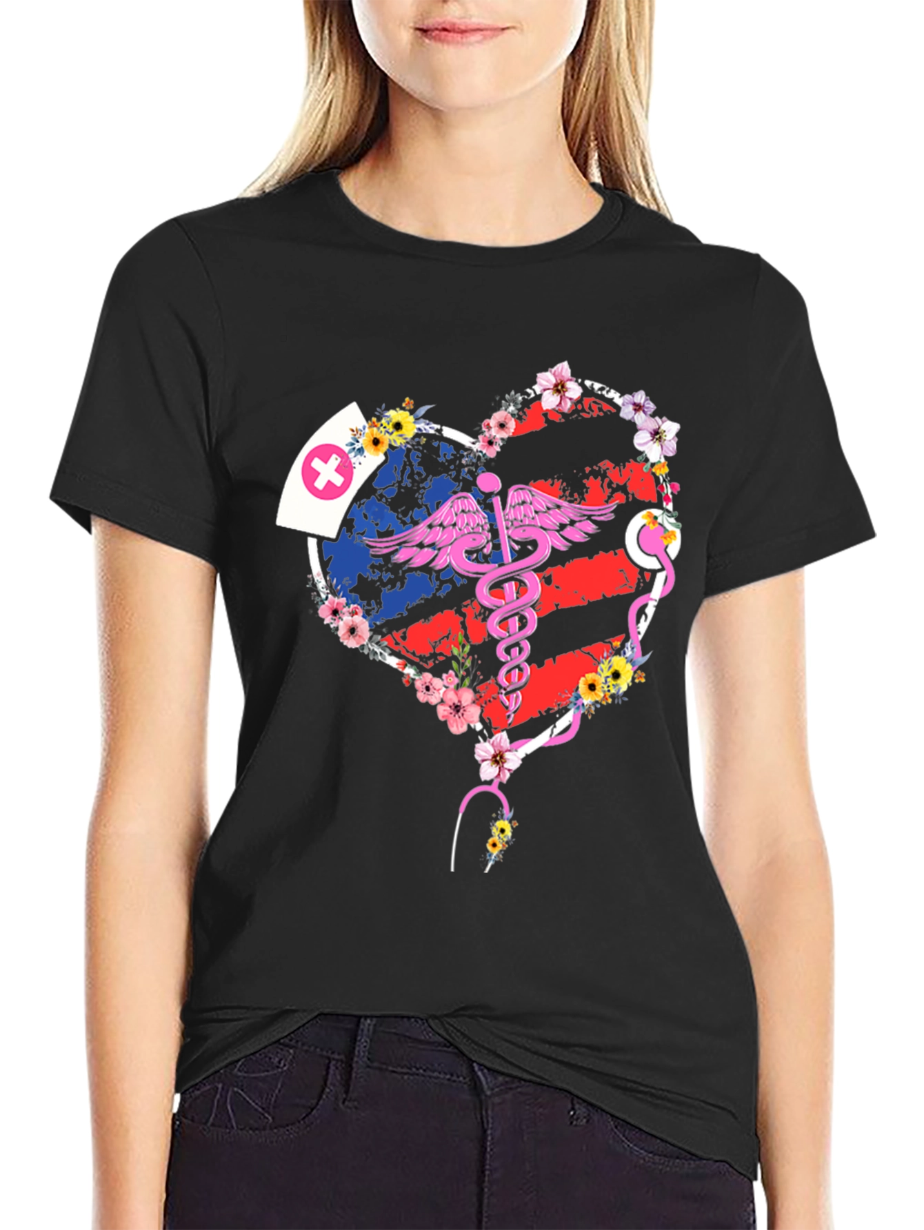 Black Nurse American Flag Heart T-Shirt view 2