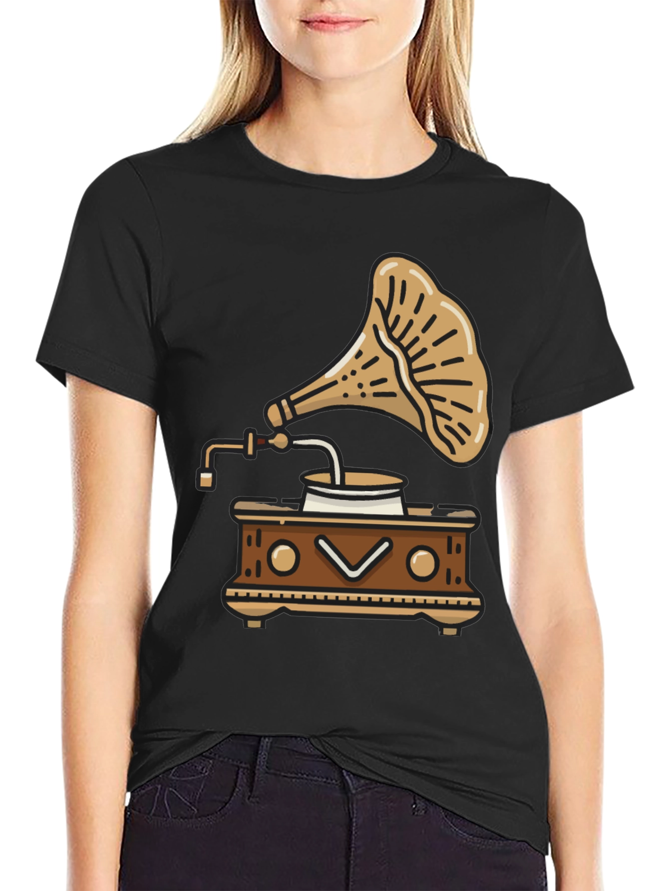 Black Vintage Gramophone T-Shirt - Retro Music Style view 2