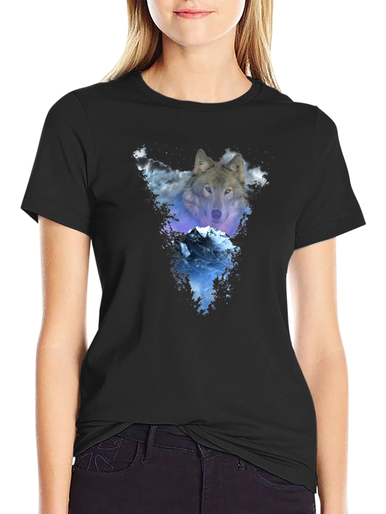 Black Wolf & Mountain Graphic Black T-Shirt view 2