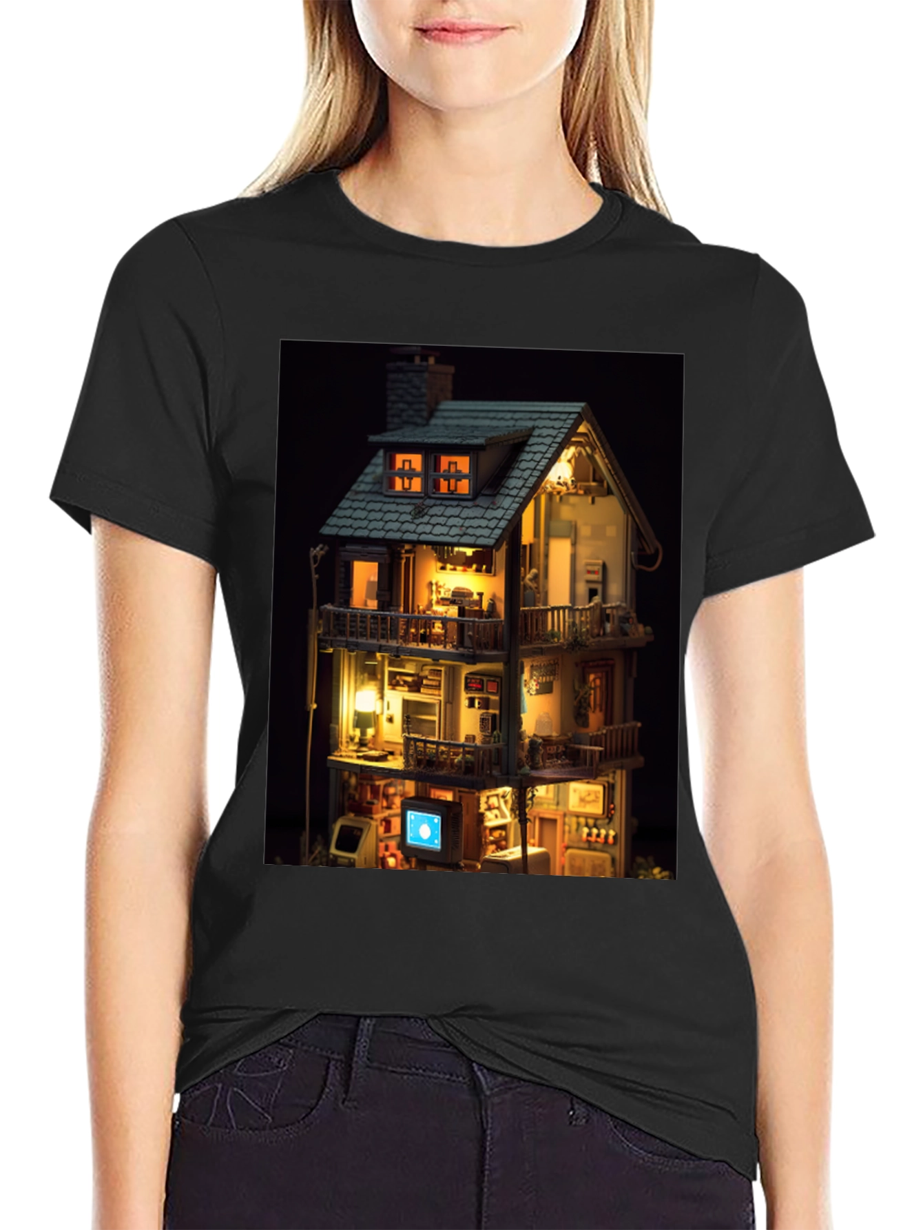 Black Architectural Dollhouse Graphic Tee - Unique Design view 2
