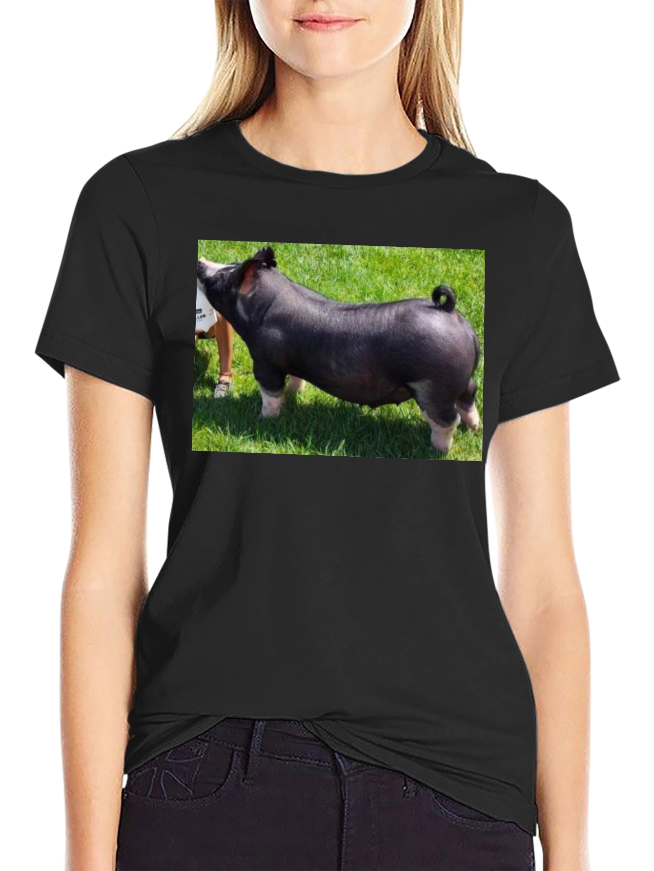 Black Black T-Shirt with Pig Graphic Tee view 2