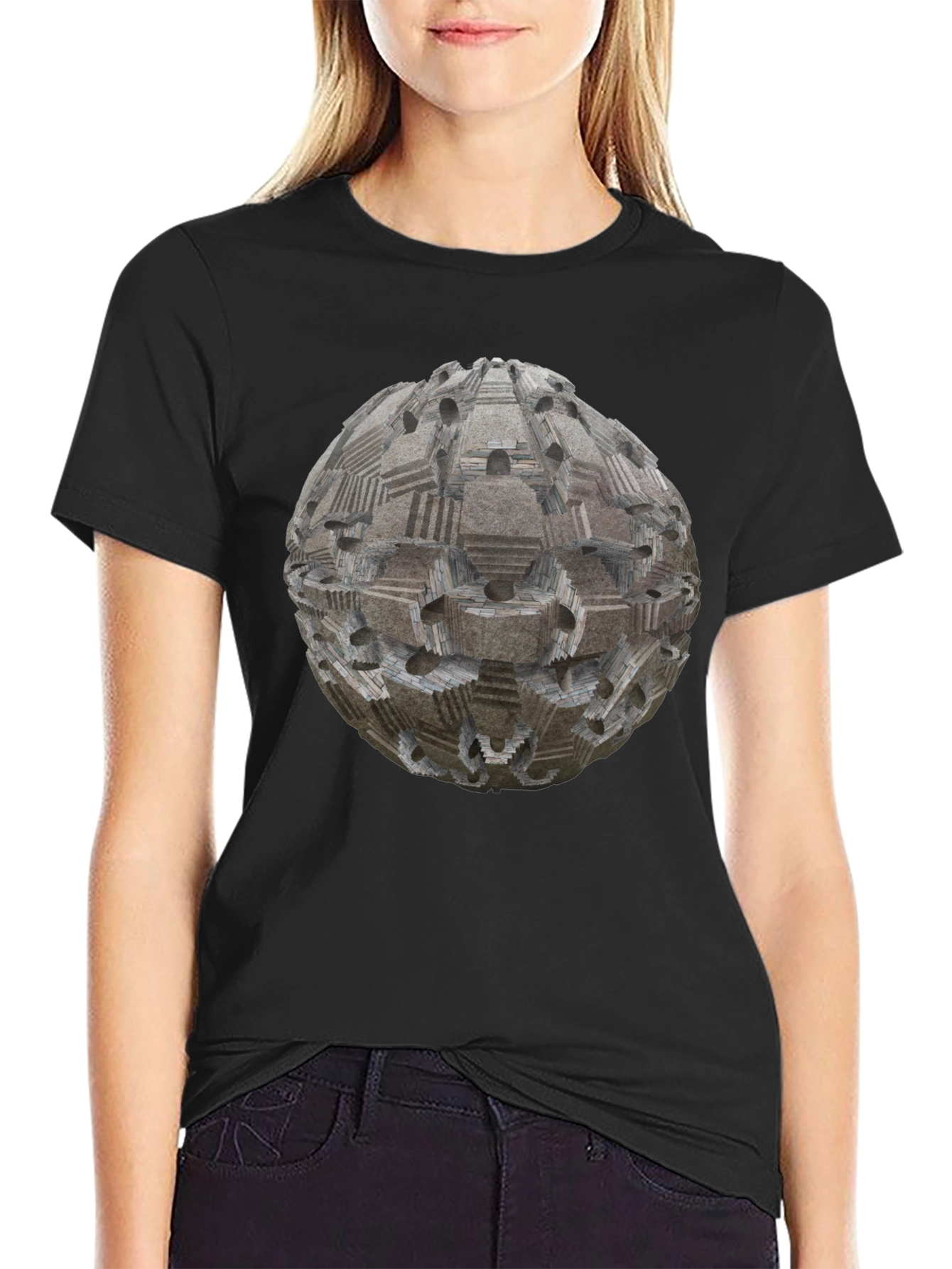 Black Geometric Sphere Print T-Shirt - Modern Style view 2