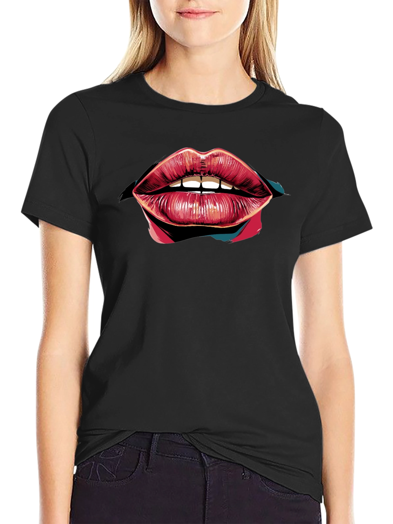 Black Bold Lips Graphic Black T-Shirt view 2