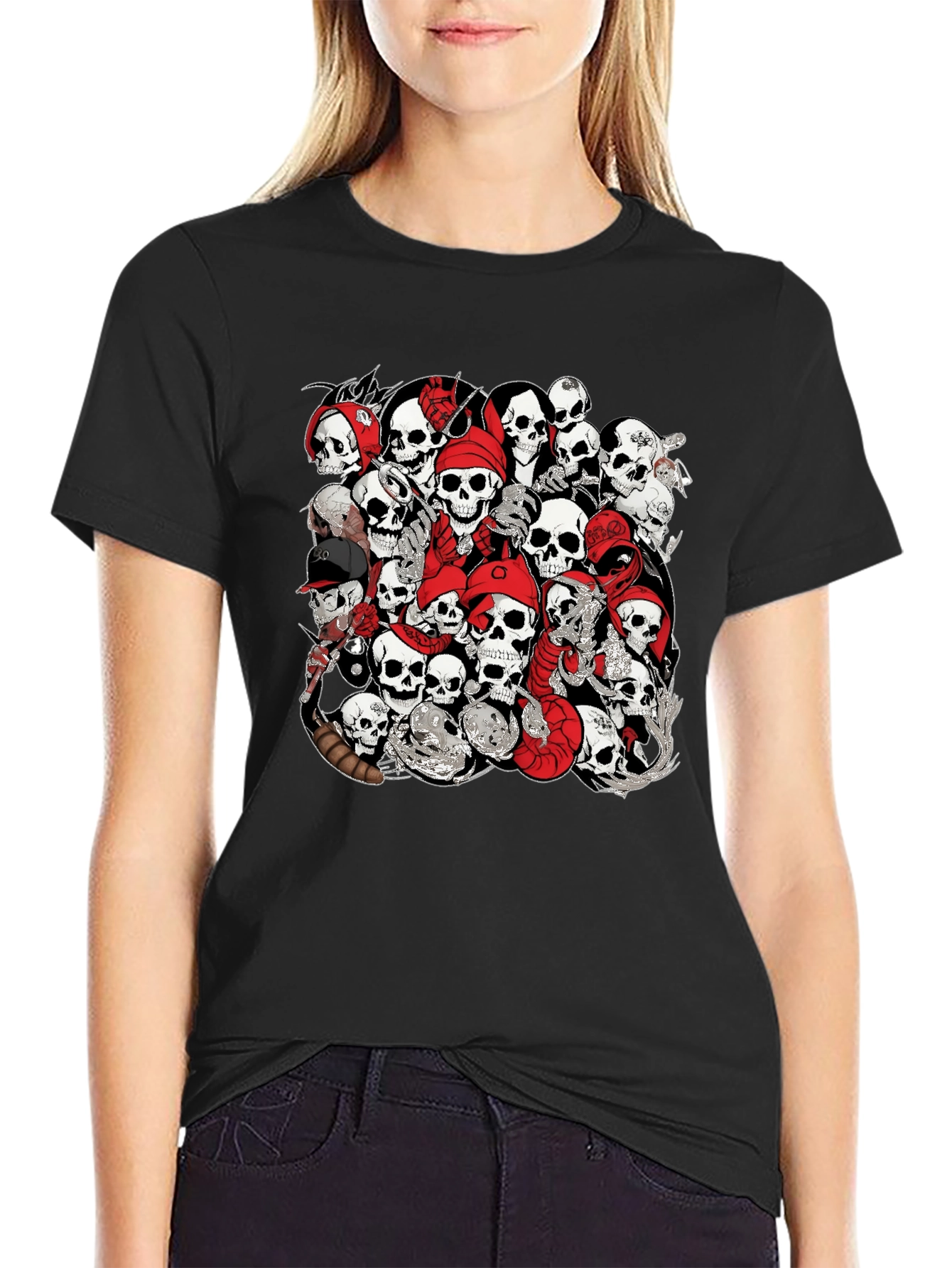 Black Skull Pile Graphic Tee - Bold Black T-Shirt view 2