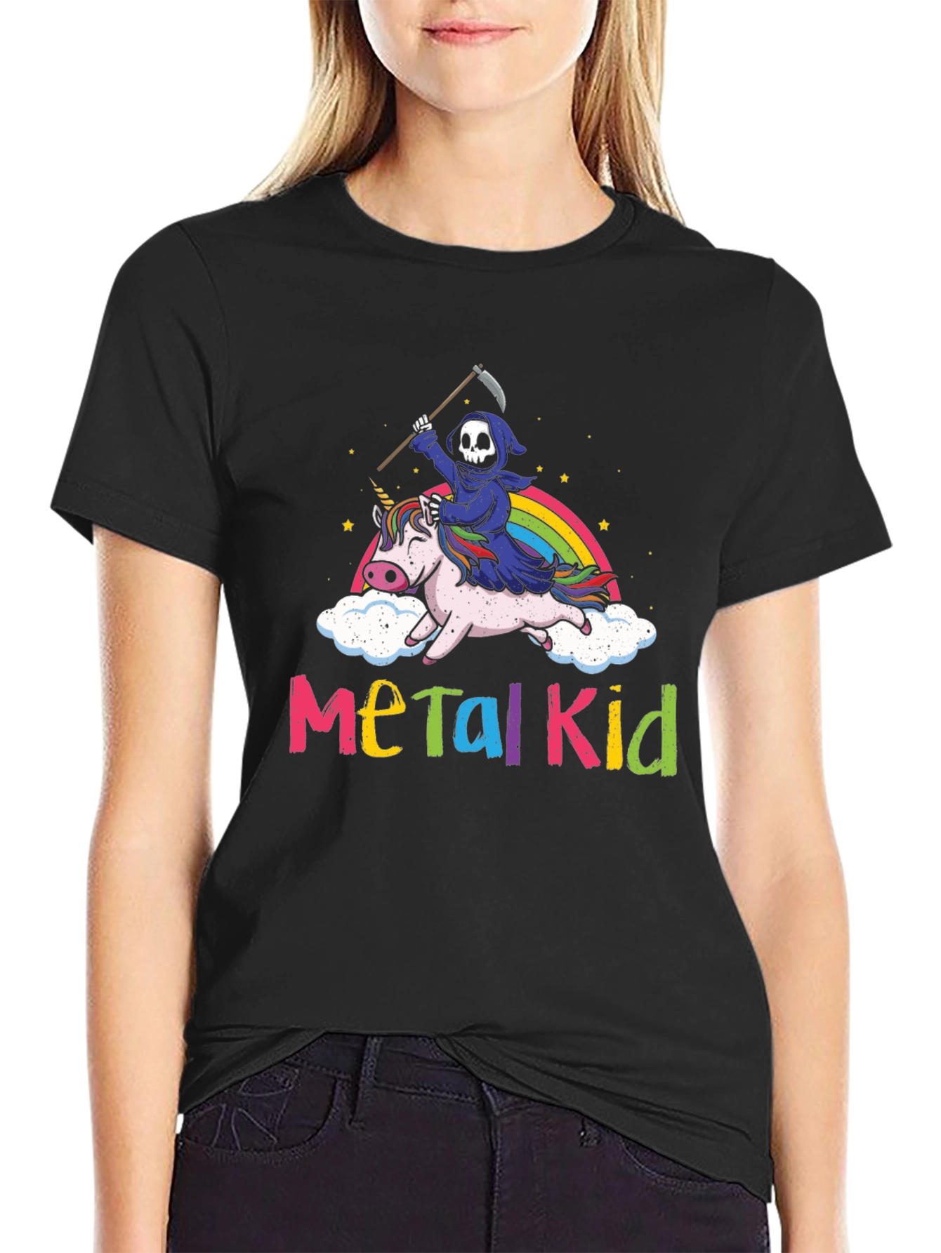Black Metal Kid Grim Reaper Unicorn Rainbow T-Shirt view 2